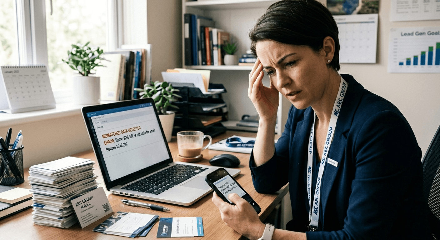 Sales professional reviewing incorrect contact information after scanning business cards from a trade show.