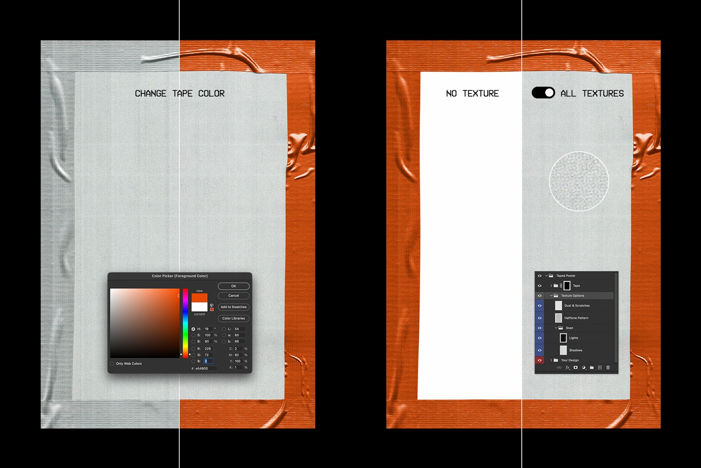Raw taped poster mockup Photoshop controls for tape color and texture settings