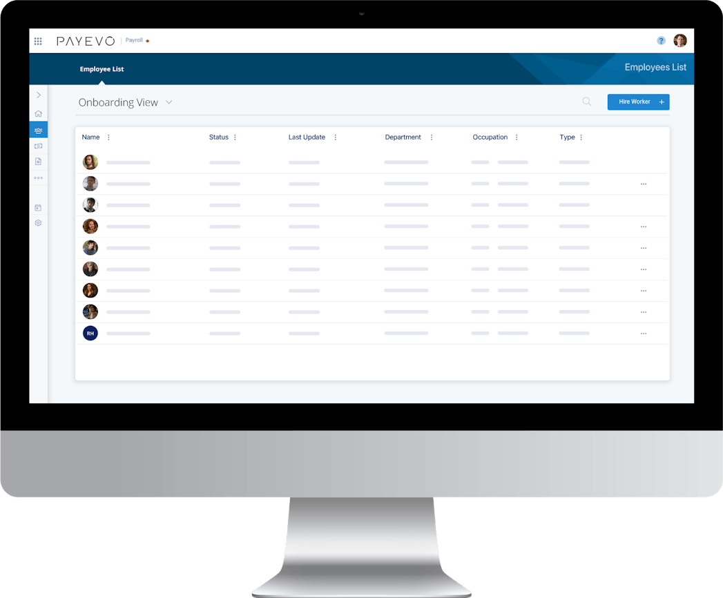 PayEvo employee onboarding dashboard showing team roster with status tracking for streamlined benefits enrollment and management