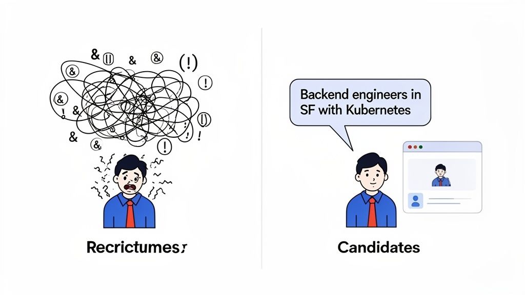 A stressed recruiter struggles with complex hiring, while candidates clearly define their desired roles.