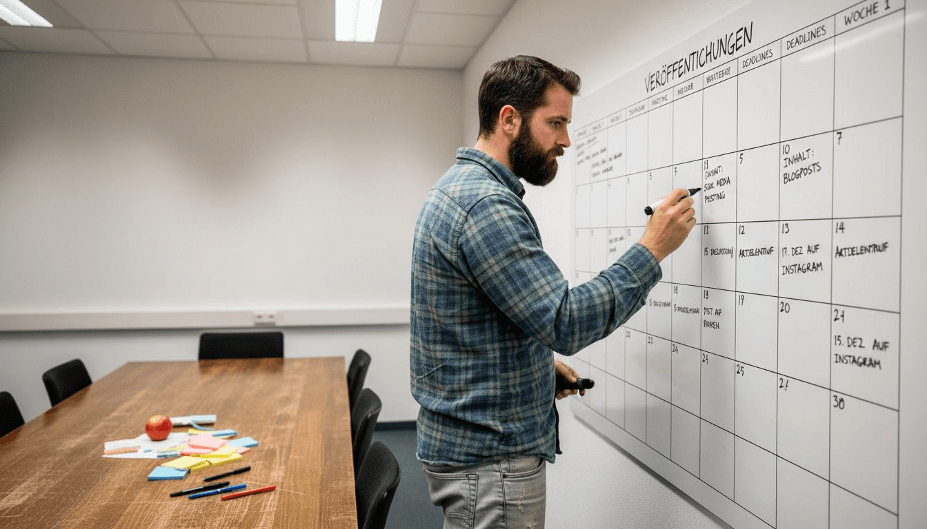 Ein Mann plant und strukturiert seine Inhalte auf einem Wandkalender mit Whiteboard-Funktion.