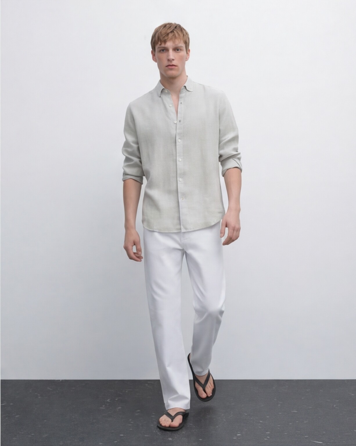 Sage Linen Shirt with White Trousers