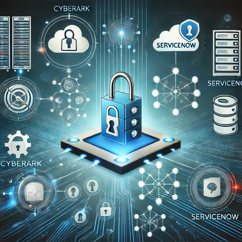 An image depicting the integration between CyberArk and ServiceNow for privileged access management. The illustration features a digital dashboard showing connections between secure storage, access management tools, and cloud environments. It emphasizes the seamless integration of CyberArk's PAM capabilities with ServiceNow's IT service management (ITSM) solutions to enhance security, streamline operations, and improve overall access control in organizational environments.