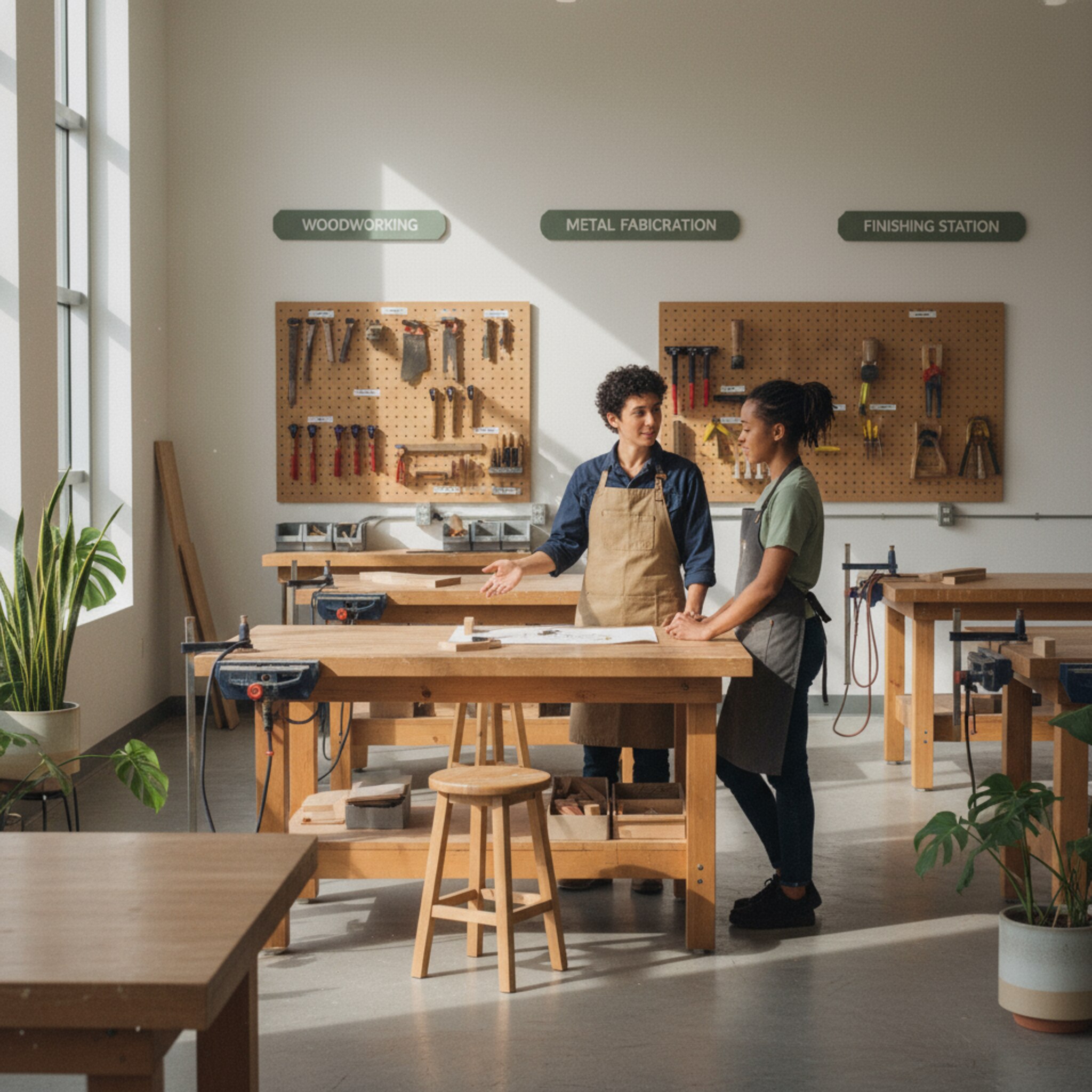 Ein ruhiger Blick über eine offene Werkstatt mit klar markierten Zonen, Licht fällt in breiten Streifen auf geölte Holzflächen. Zwei Personen stimmen leise die Reihenfolge ihrer Arbeit ab, Werkzeuge hängen geordnet. Alles wirkt vorbereitet, ohne Hektik, bereit für die nächste Buchung.