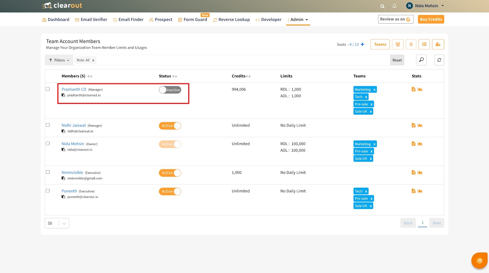 Clearout email finder dashboard showing search input, verified results, and accuracy score.