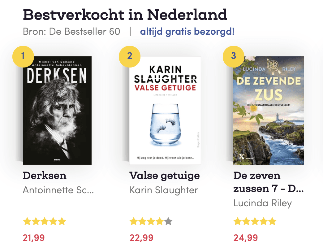 Bookspot screenshot van boeken die het beste verkocht zijn in Nederland.