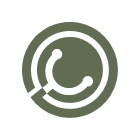 Circular logo featuring a stylized phone symbol and a swirl, set against a solid background.