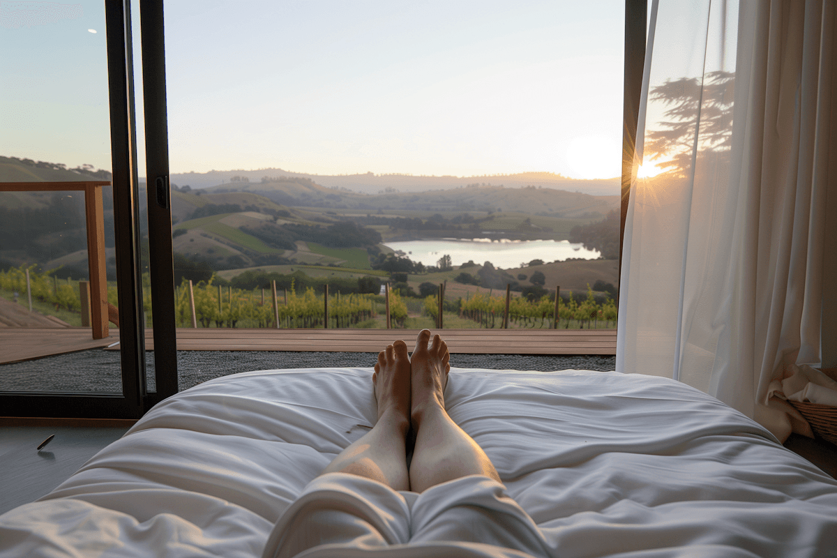 Legs on bed overlooking vineyard valley with lake at sunset.
