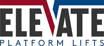Elevate Platform Lifts logo – bold dark grey capital letters spelling ELEVATE with a red diagonal shape over the EL and a blue diagonal shape over the ATE, and the words PLATFORM LIFTS in spaced capital letters below