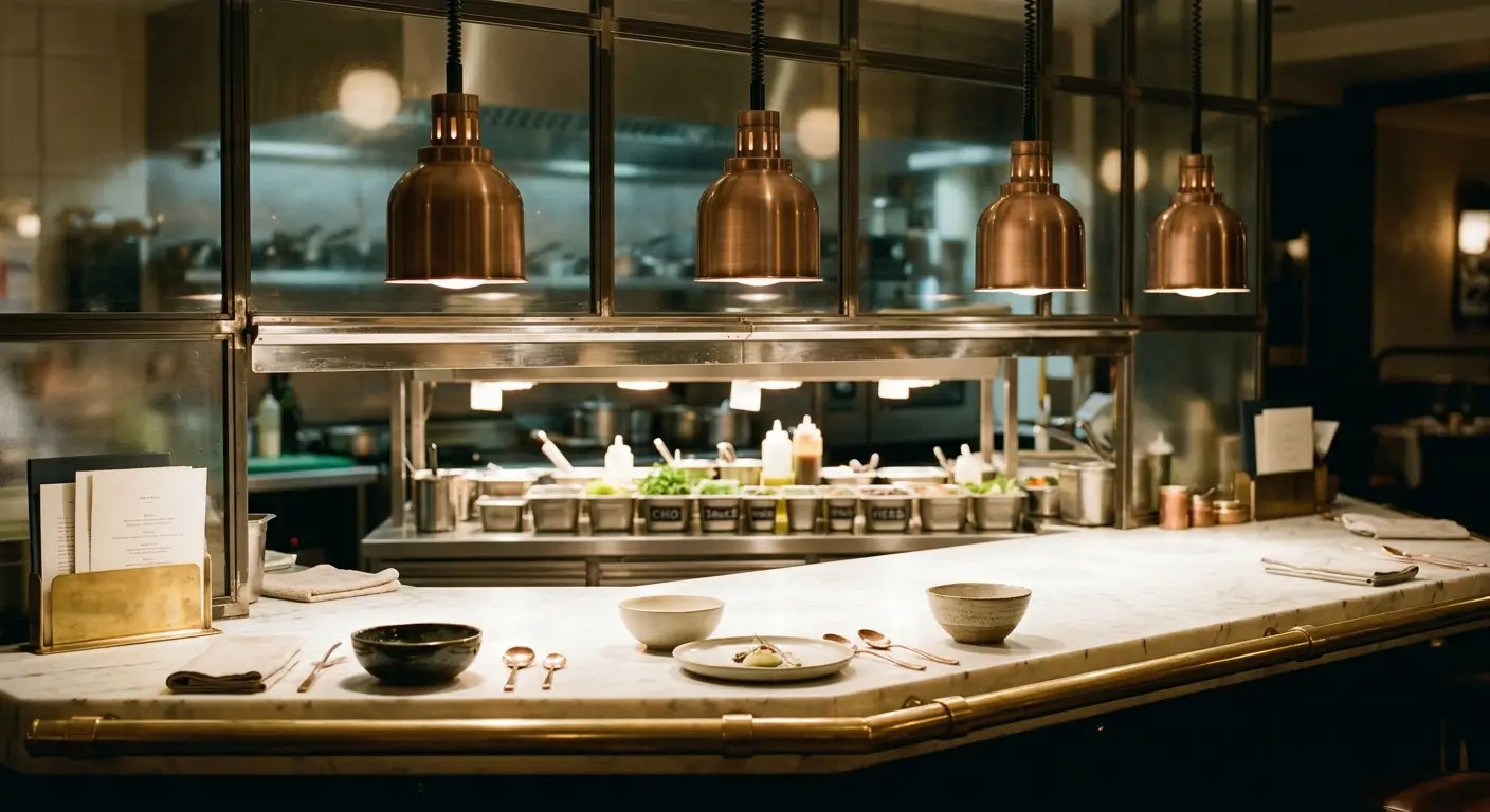 Marble chef's pass bar inside a restaurant with brass heat lamps, ceramic plating bowls, and an open kitchen background