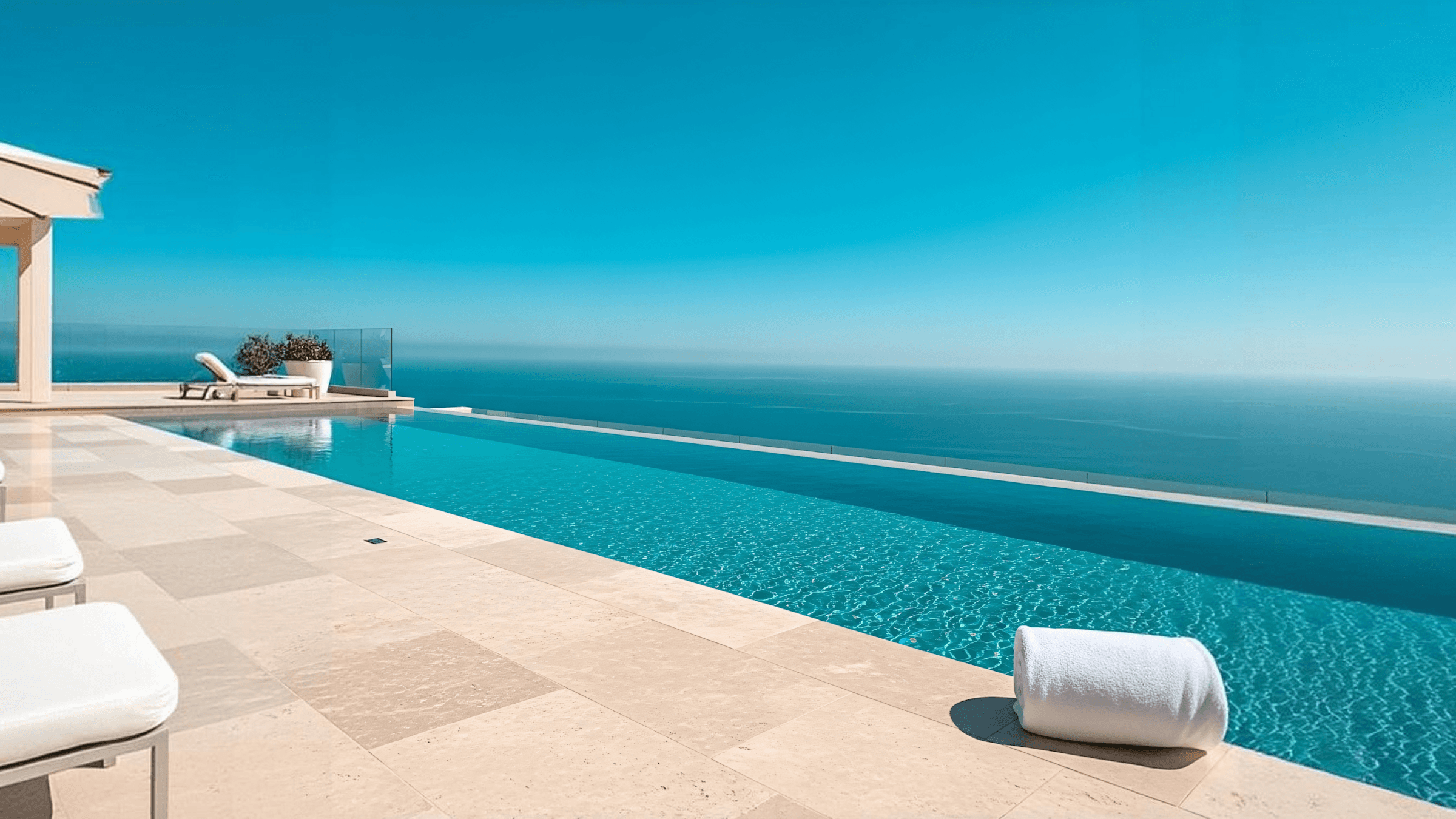 Luxury poolside view overlooking a serene ocean, with lounge chairs beside a calm, infinity-edge pool.