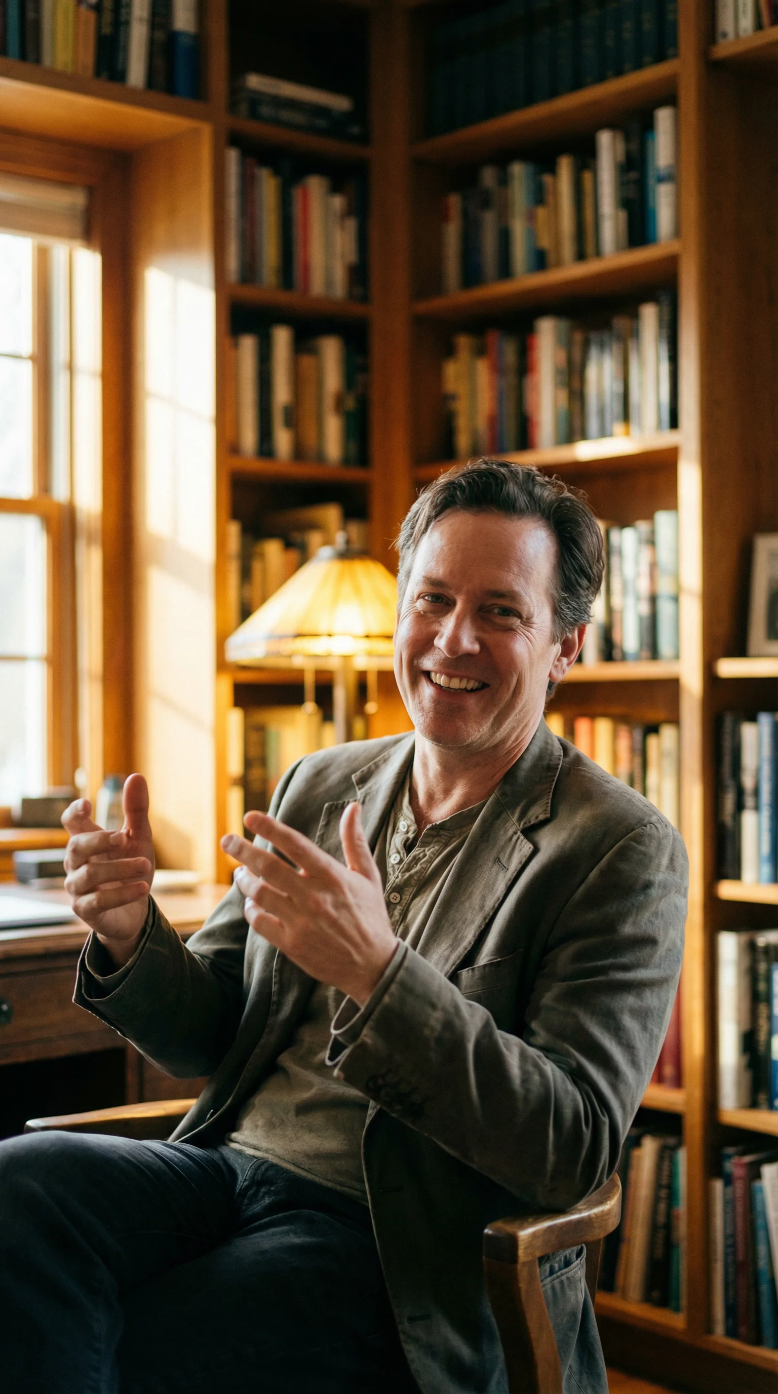 Confident professional mid-conversation in book-lined office, warm direct gaze, subtle smile, warm lamp light behind them