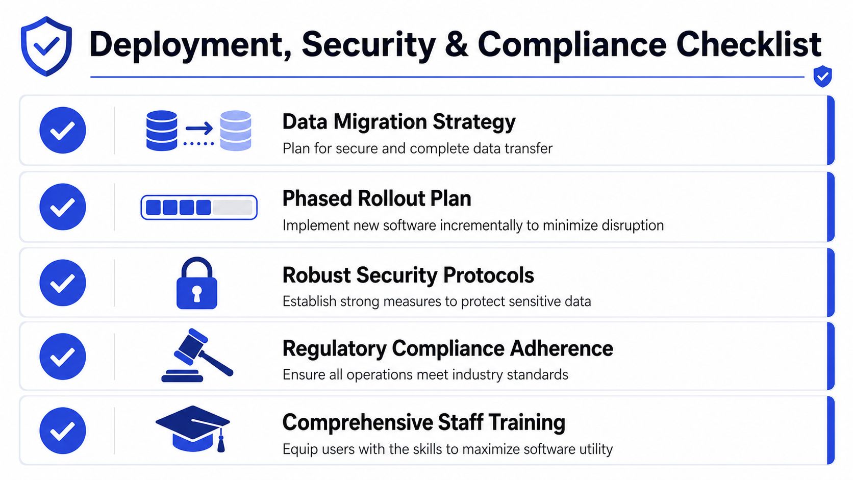 A checklist infographic outlining steps for software deployment, security, and regulatory compliance for businesses.