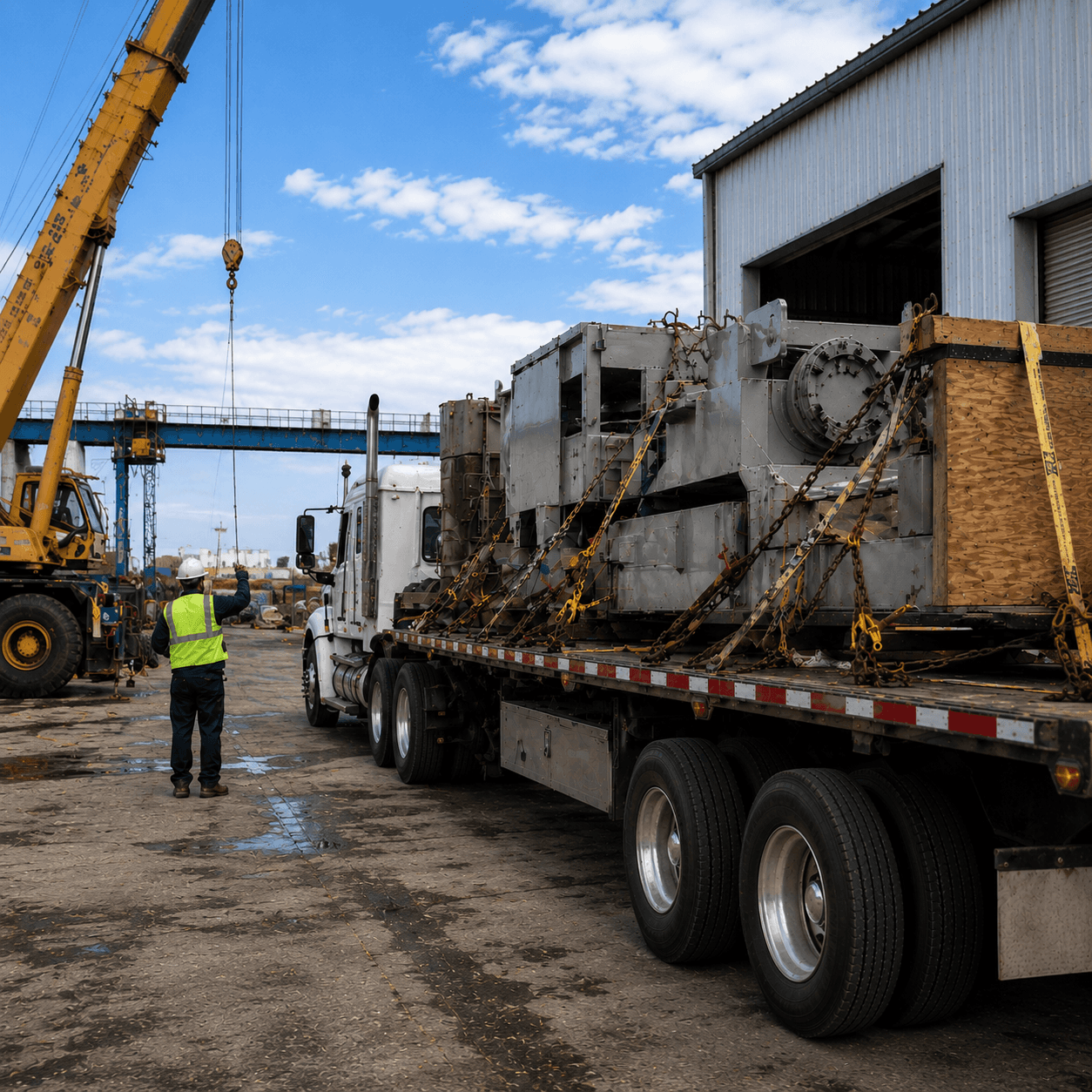 Worker guiding a crane while heavy industrial equipment is secured with chains on a flatbed truck at a loading site.