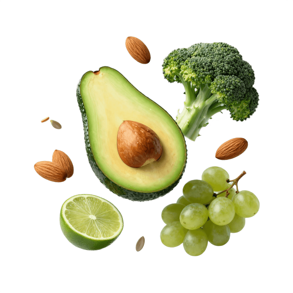 Nutricionista com pinça e balança na mão e alimentos ao redor