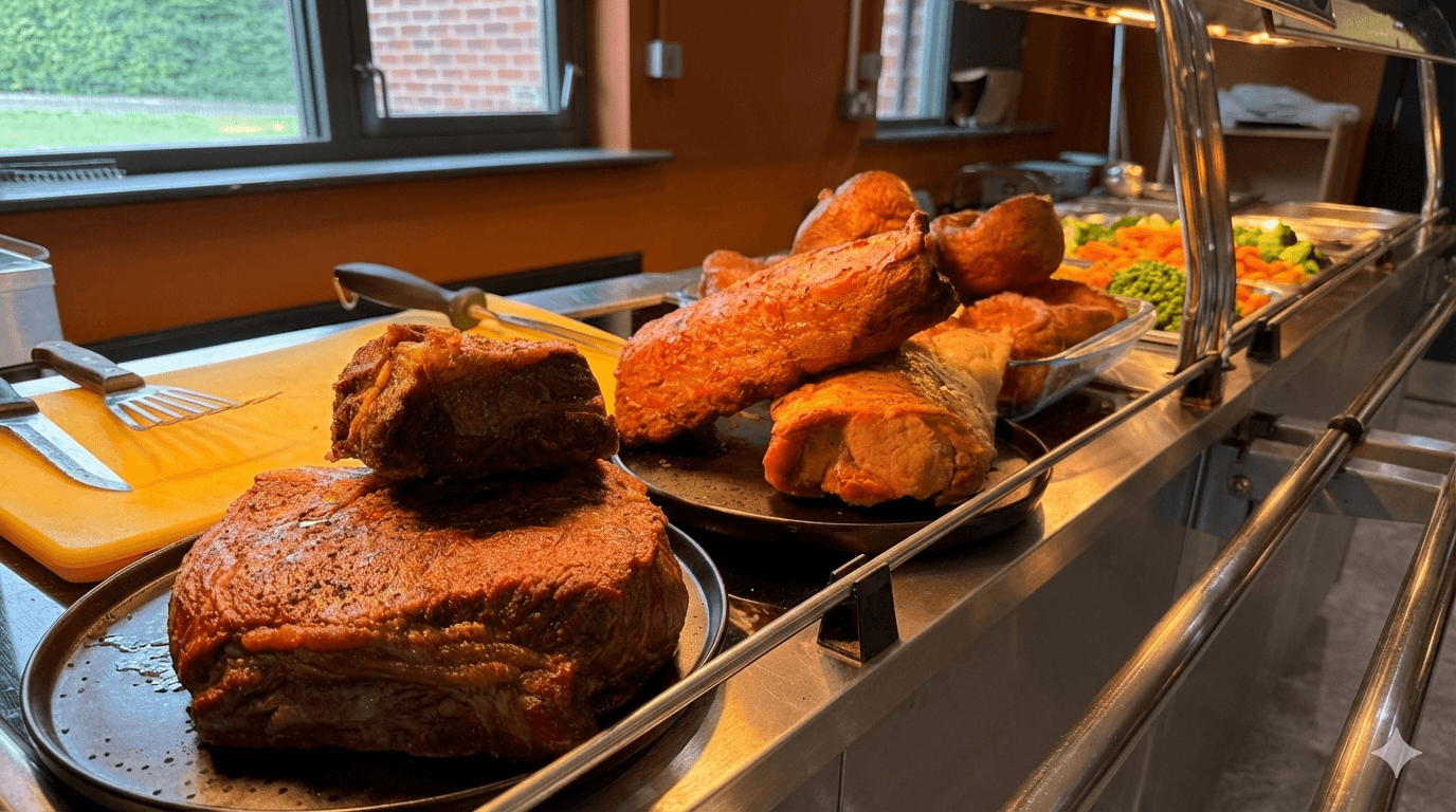 Carvery meats on a stainless serving counter with veg