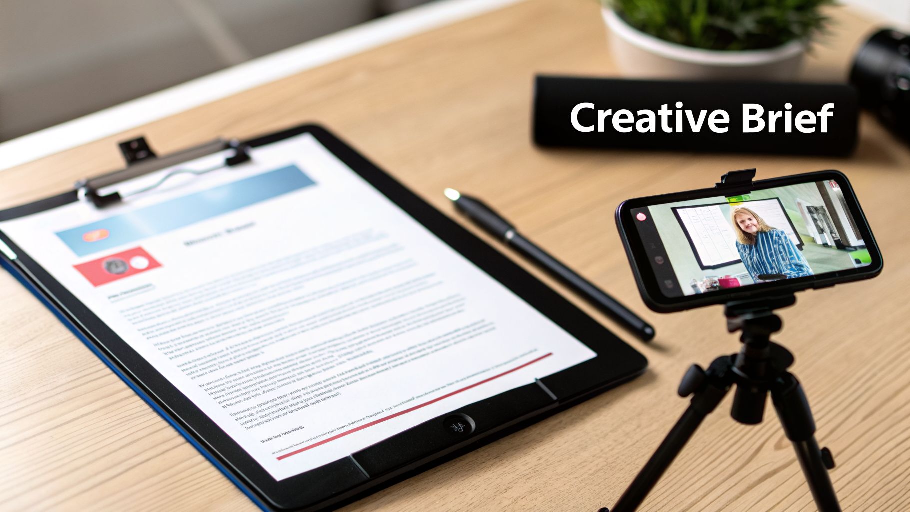 A desk with a document on a clipboard, a pen, and a smartphone on a tripod recording a video call. A 'Creative Brief' sign is also visible.