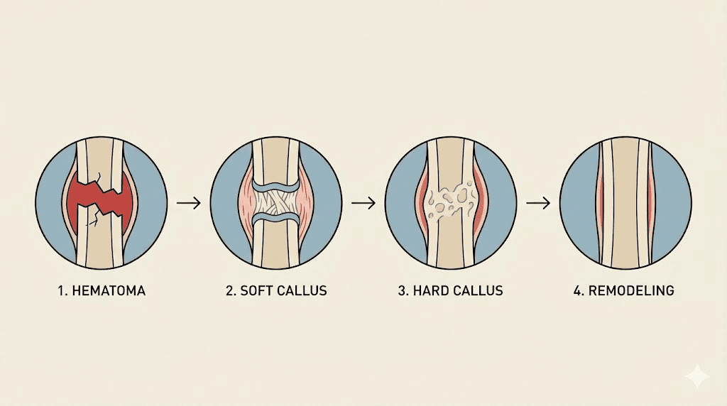 Four stages of bone fracture healing from inflammation to remodeling