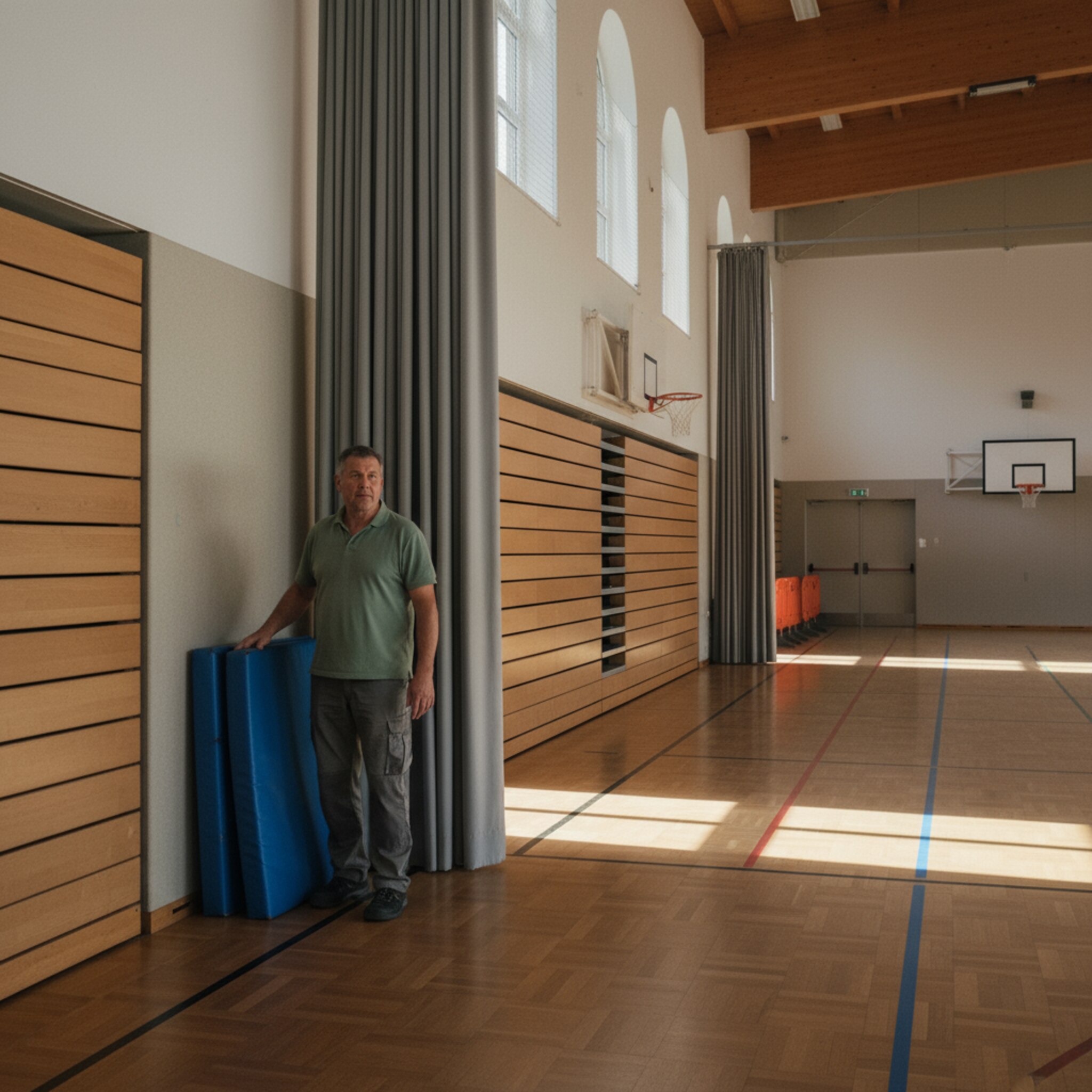 Eine leere Dreifeldhalle mit halb heruntergelassenem Trennvorhang. Sonnenreflexe tanzen auf dem Parkett, die Tribüne ist eingefahren. Ein Hausmeister prüft still die Banden und legt eine Faltmatte exakt an die Wand. Es liegt ruhige Konzentration in der Vorbereitung.