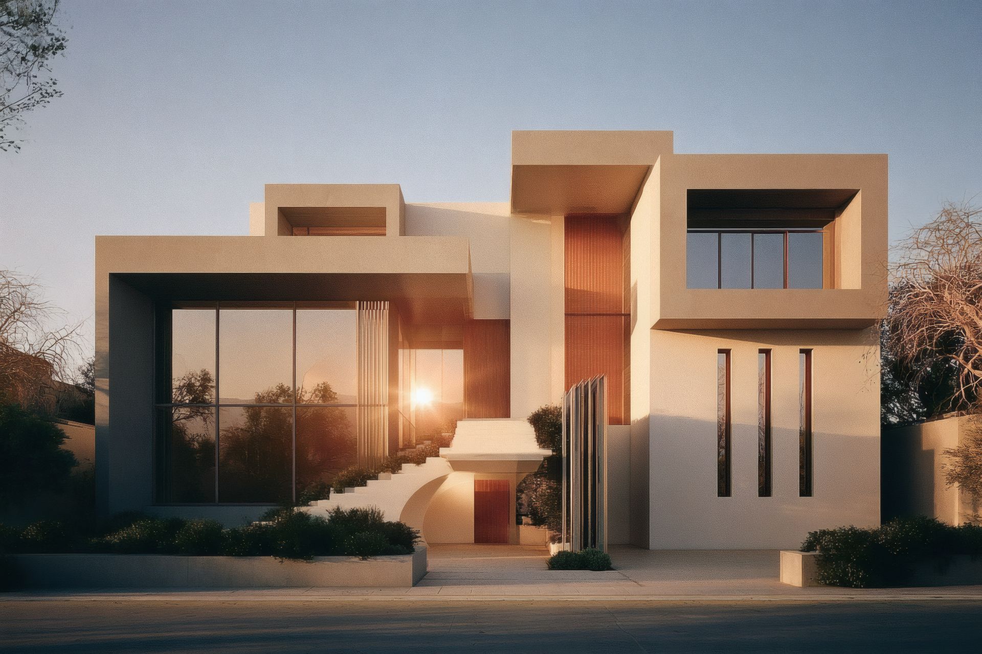 Modern minimalist white house with large windows