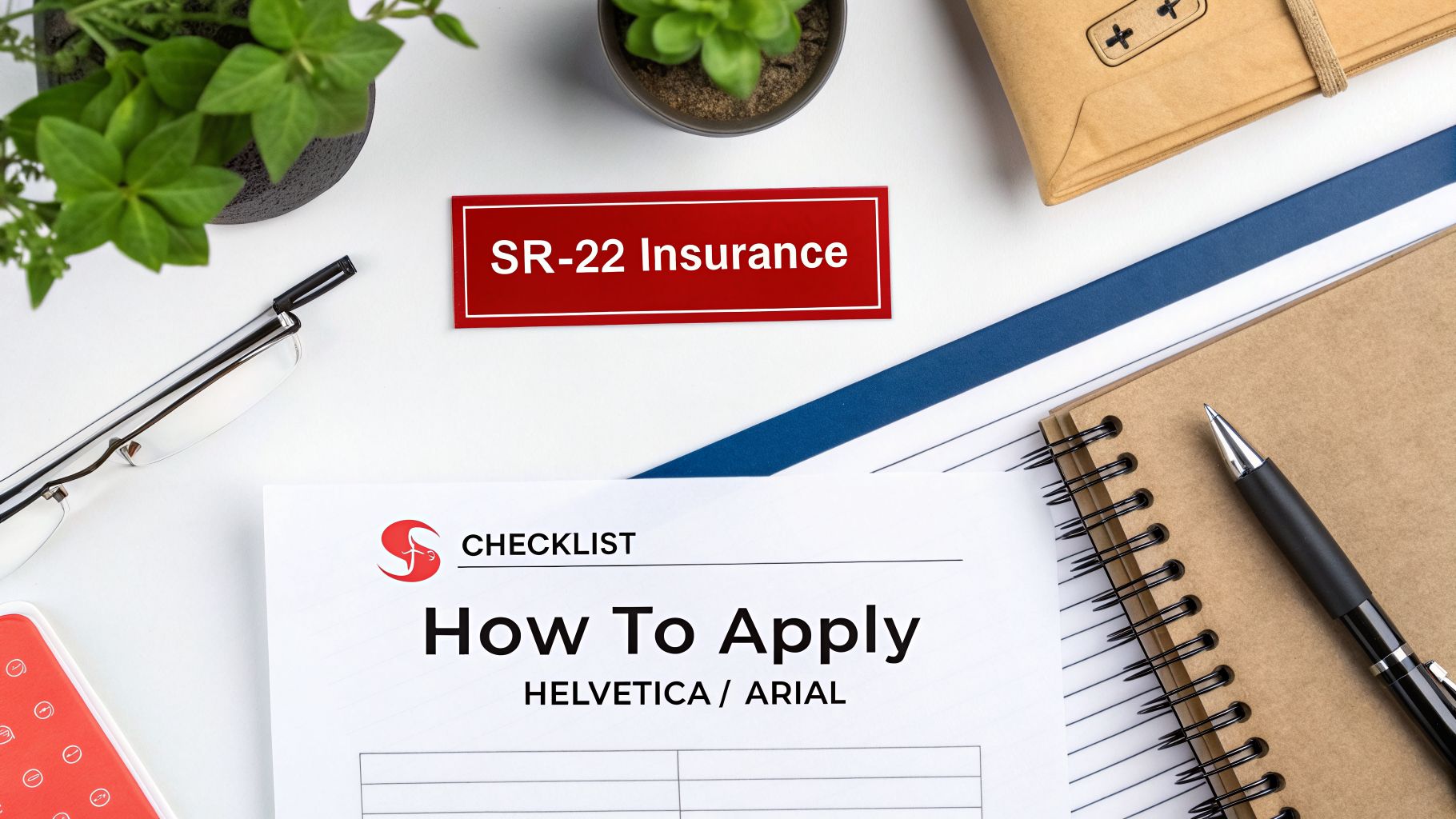 Flat lay of a desk with an 'SR-22 Insurance' sign, 'How To Apply' checklist, and office supplies.