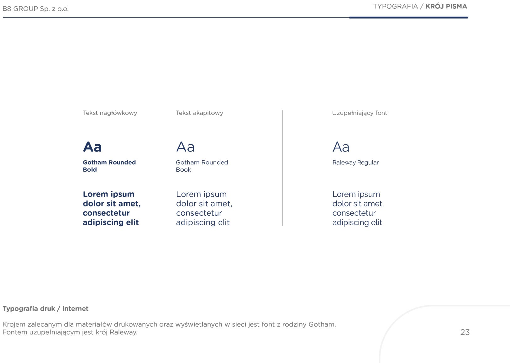 Zestawienie krojów pisma w identyfikacji wizualnej wykorzystujące fonty Gotham Rounded oraz Raleway dla zapewnienia czytelności marki w druku i sieci.