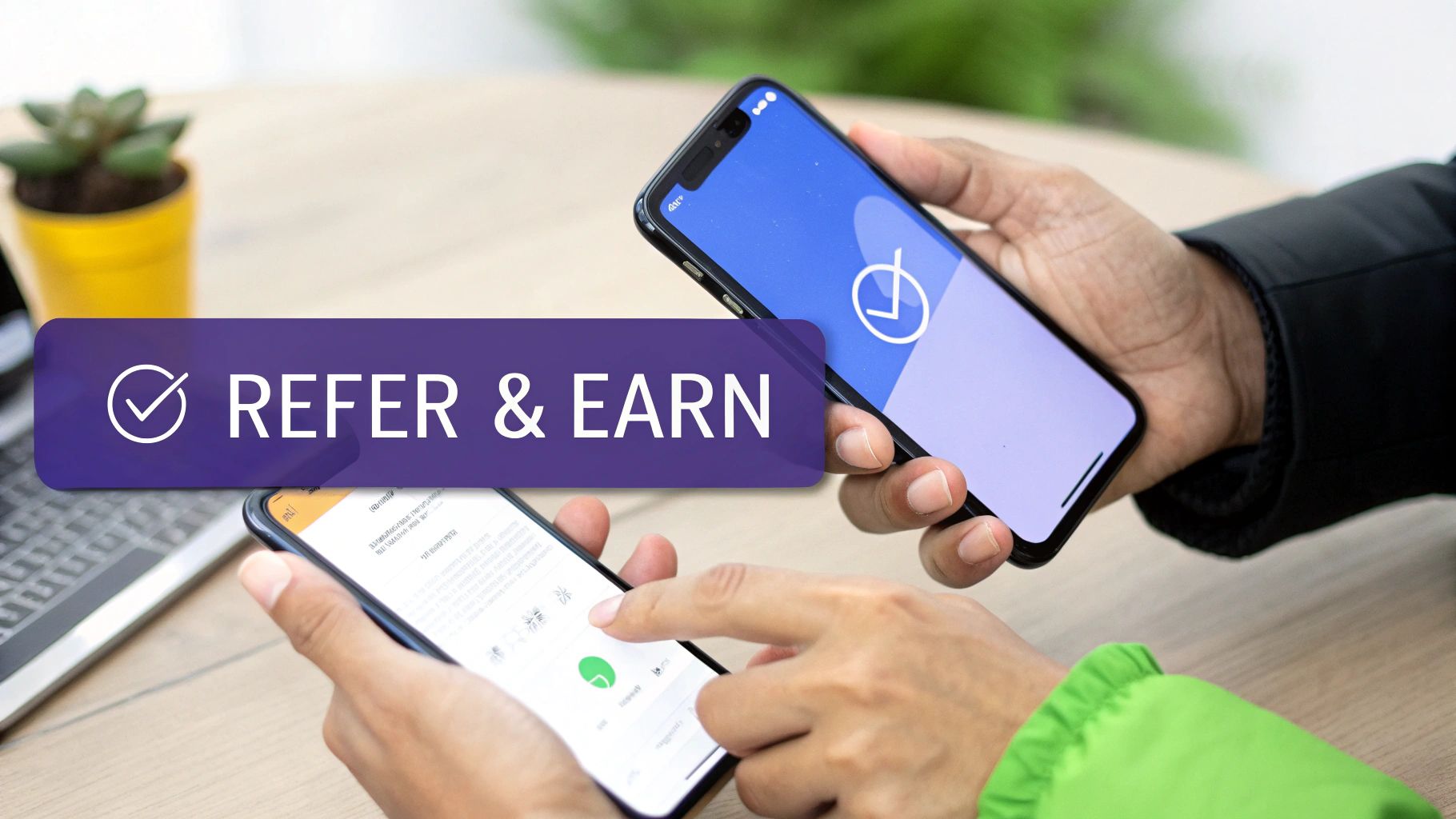 Two people using smartphones, with one screen displaying a 'REFER & EARN' banner for a mobile app.