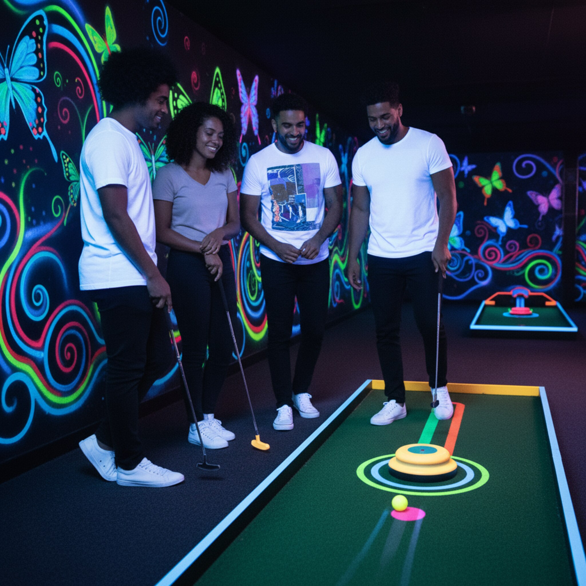Dunkler Raum mit Schwarzlicht: Neonschmetterlinge und leuchtende Hindernisse zeichnen klare Konturen. Eine Gruppe lacht, während ein Ball in sanftem Tempo über die Bahn gleitet. Weiße Shirts und Schnürsenkel leuchten kräftig. Im Hintergrund wartet die nächste Bahn in violettem Licht, die Atmosphäre ist spielerisch und fokussiert.
