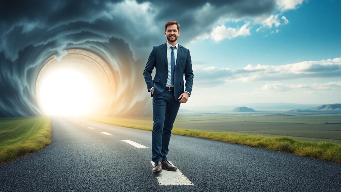 Businessperson choosing a bright path over a dark one.