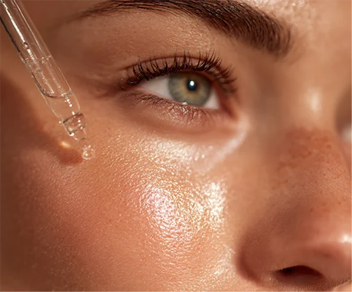 Close up of an eye with skincare serum dropper