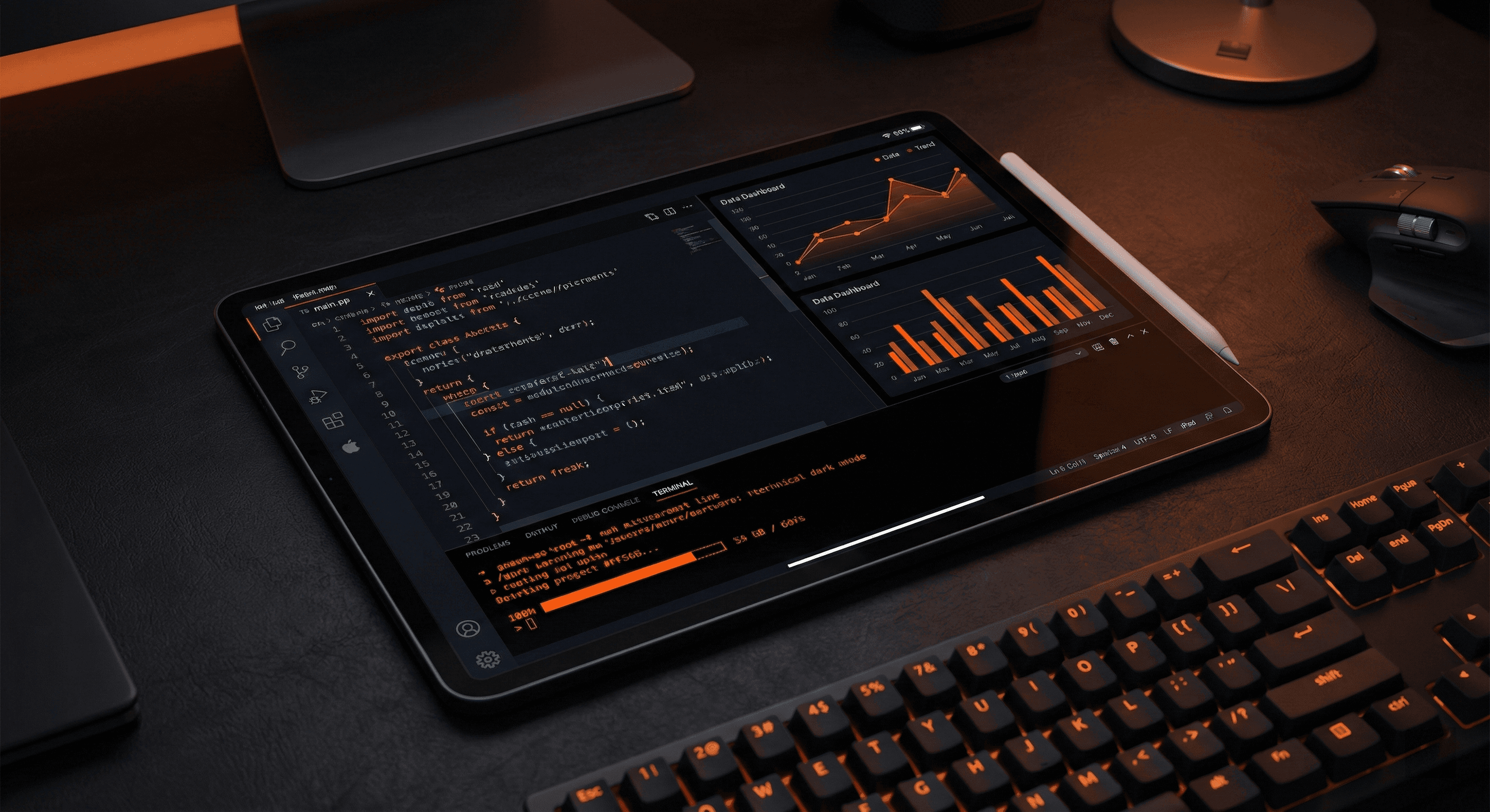 Tablet displaying code and graphs, with a stylus, keyboard, and mouse on a desk.