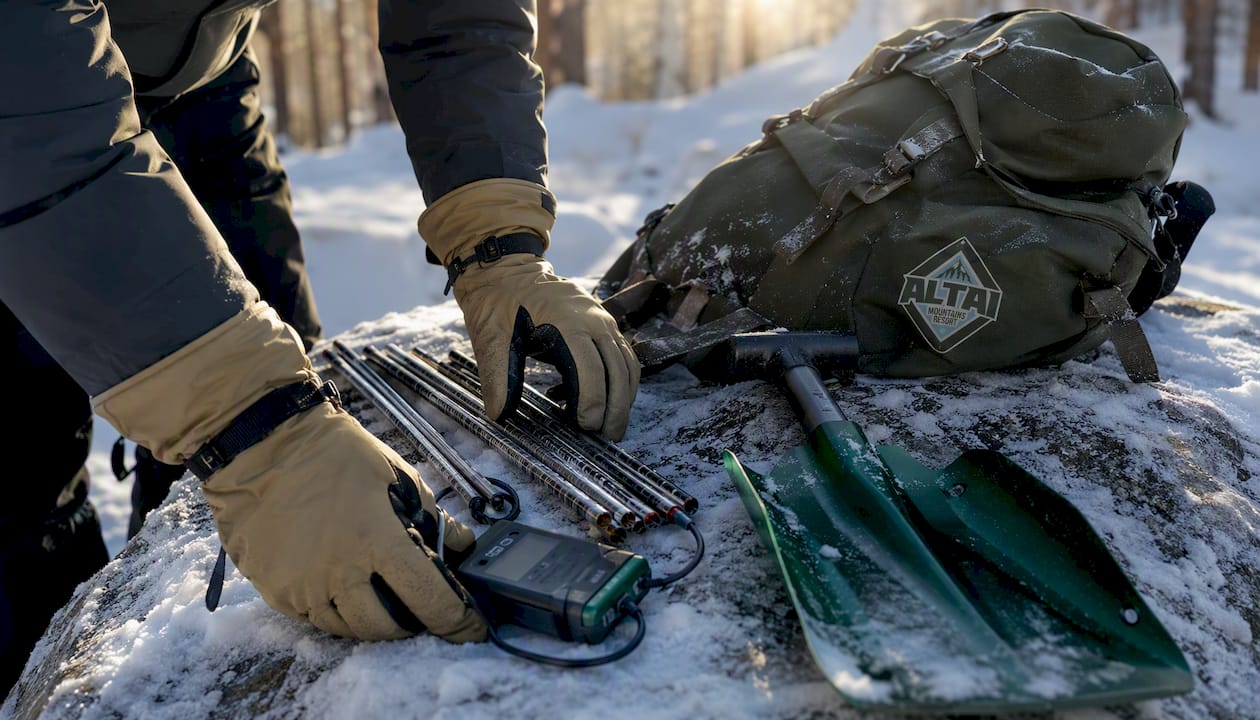 Hands arranging avalanche safety equipment on a snow-covered bench