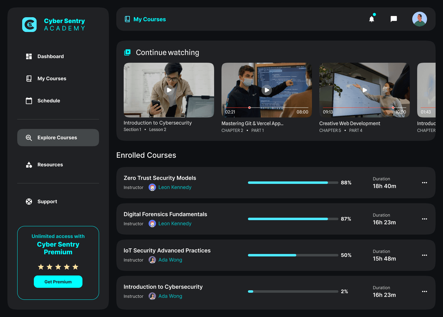 Overview of the enrolled courses page with clear progress indicators