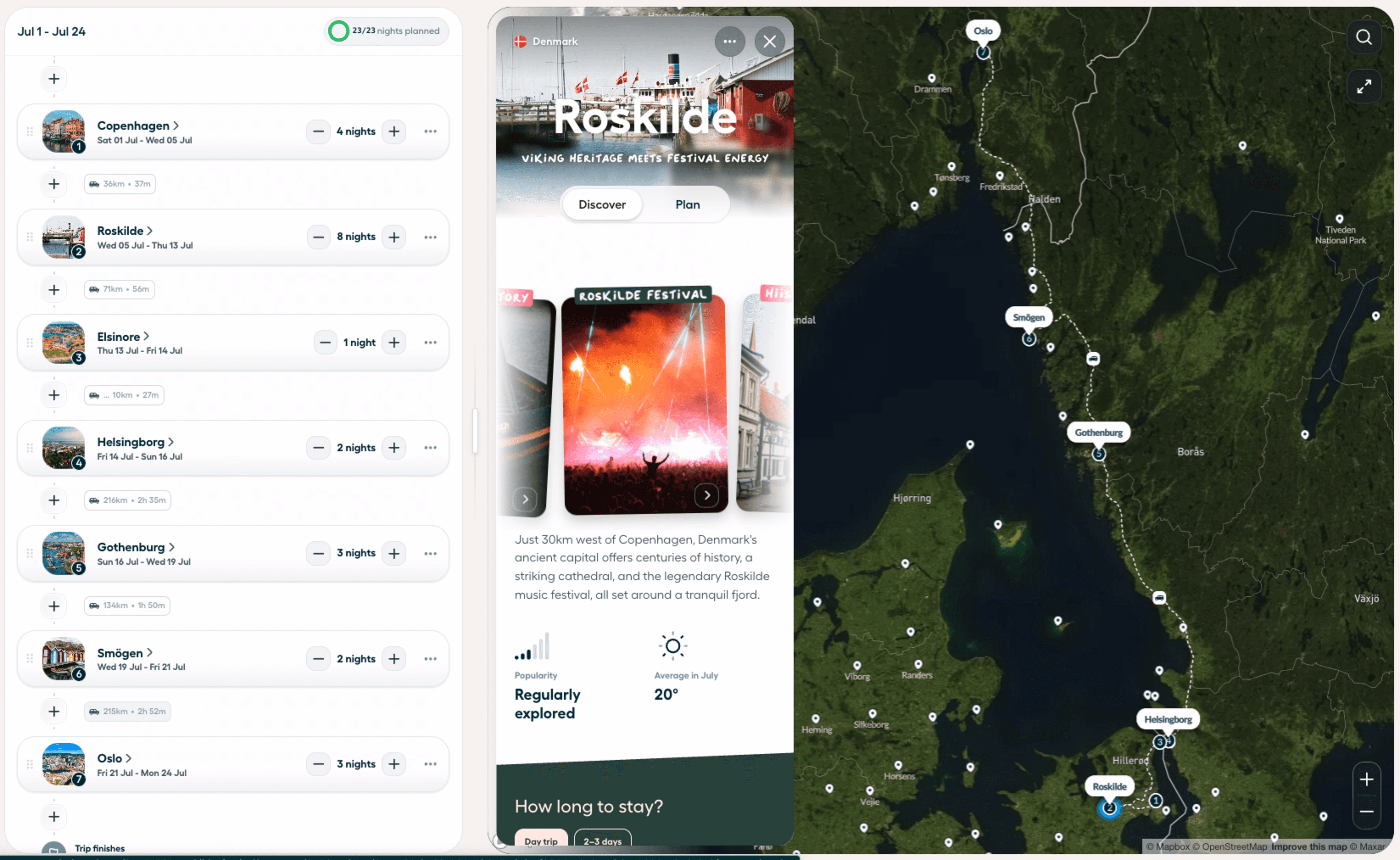 Polarsteps Trip Planner mapping a journey from Copenhagen to Oslo via Sweden’s west coast, with destination recommendations and an interactive map.