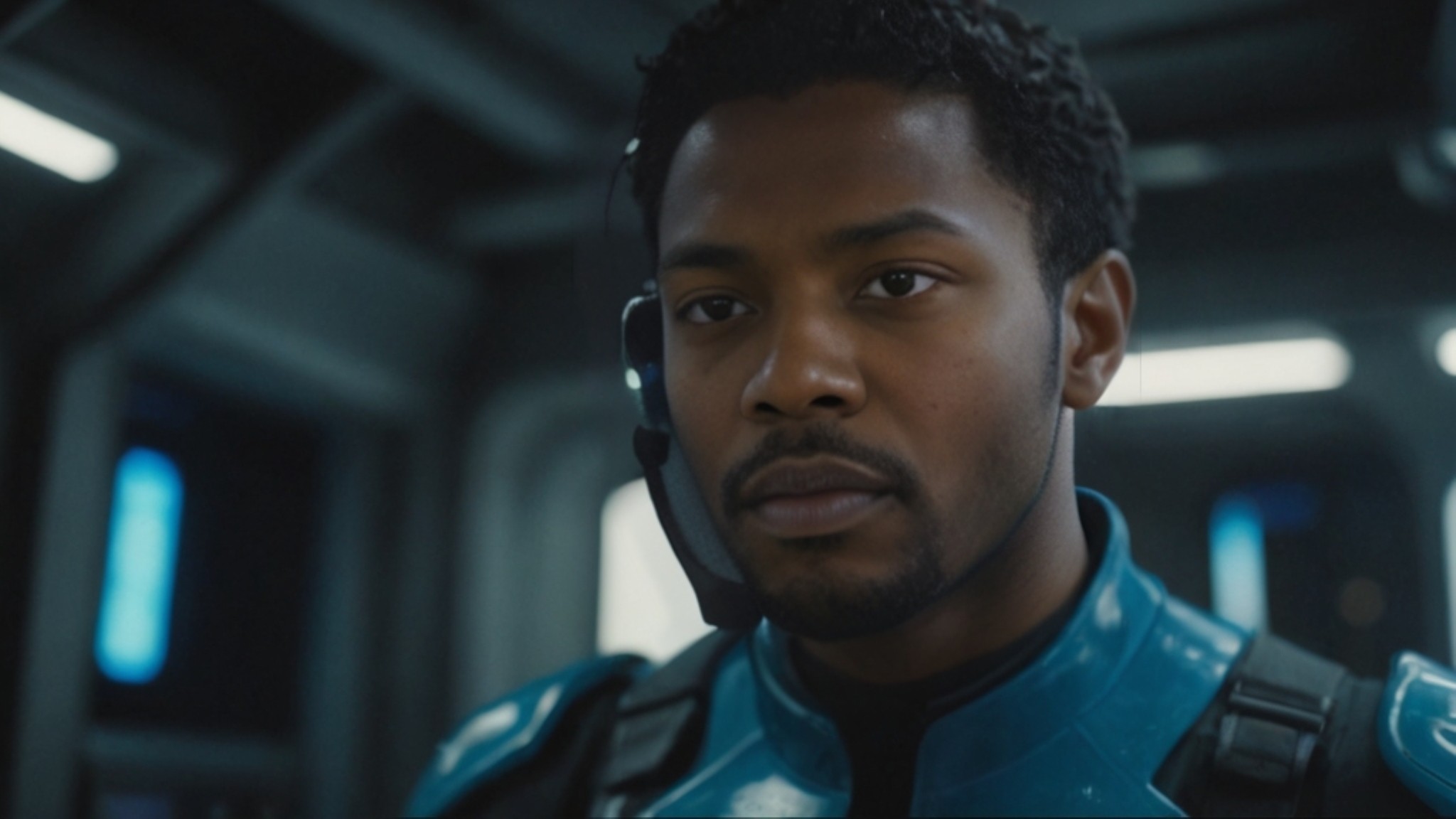 A man with short curly hair is wearing a blue futuristic suit and a headset. He appears focused and is in a dark, high-tech environment with multiple screens and technological equipment around him.