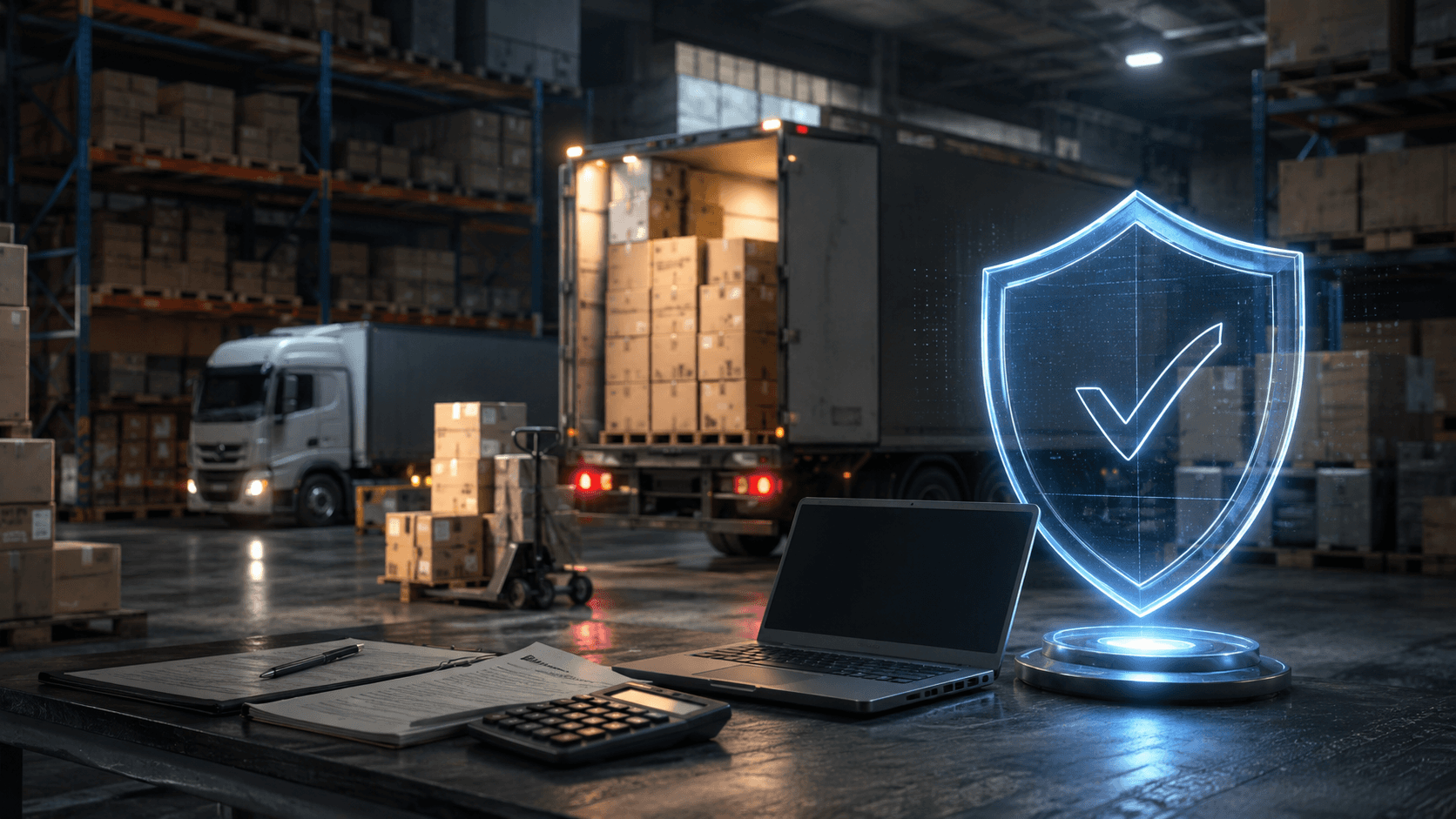 Renderização 3D realista de um centro de distribuição moderno. Em primeiro plano, uma mesa com notebook, calculadora e documentos financeiros. Ao lado, um escudo holográfico azul simboliza proteção e análise de risco. Ao fundo, um caminhão descarregando caixas em um armazém amplo, com pallets organizados e iluminação industrial. A cena transmite controle de crédito, segurança financeira e gestão de risco para operações B2B.
