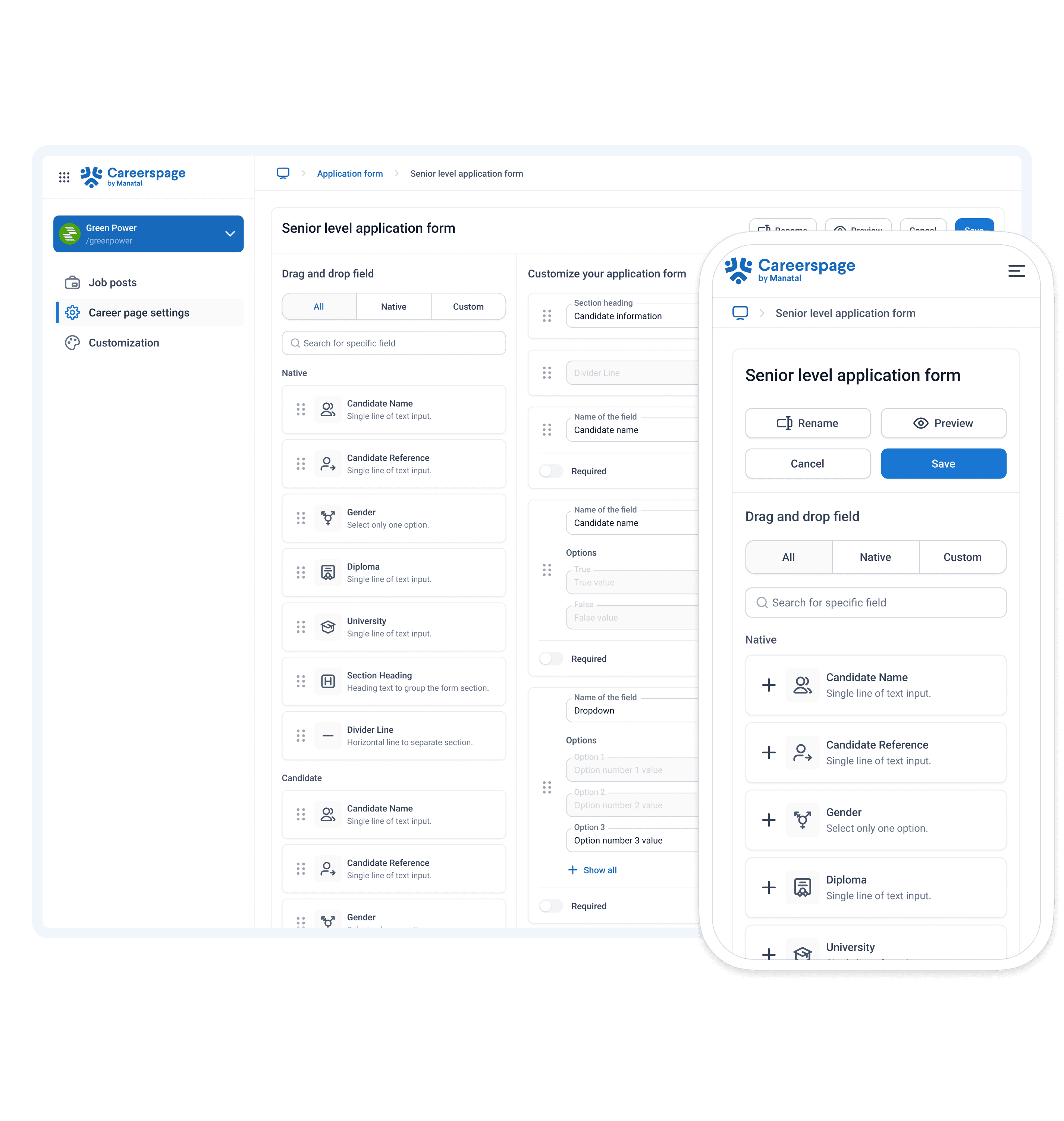 Product visual for custom application forms with drag and drop custom or native fields