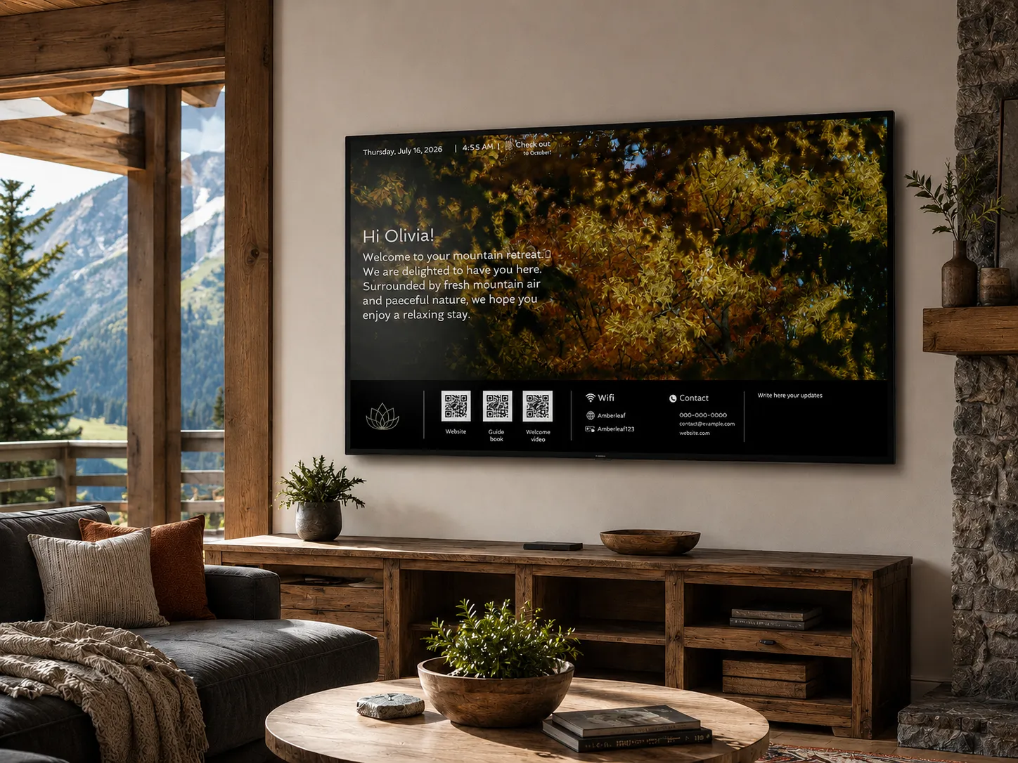 Airbnb welcome screen on a living room TV displaying guest information, weather, and personalized digital hospitality signage.