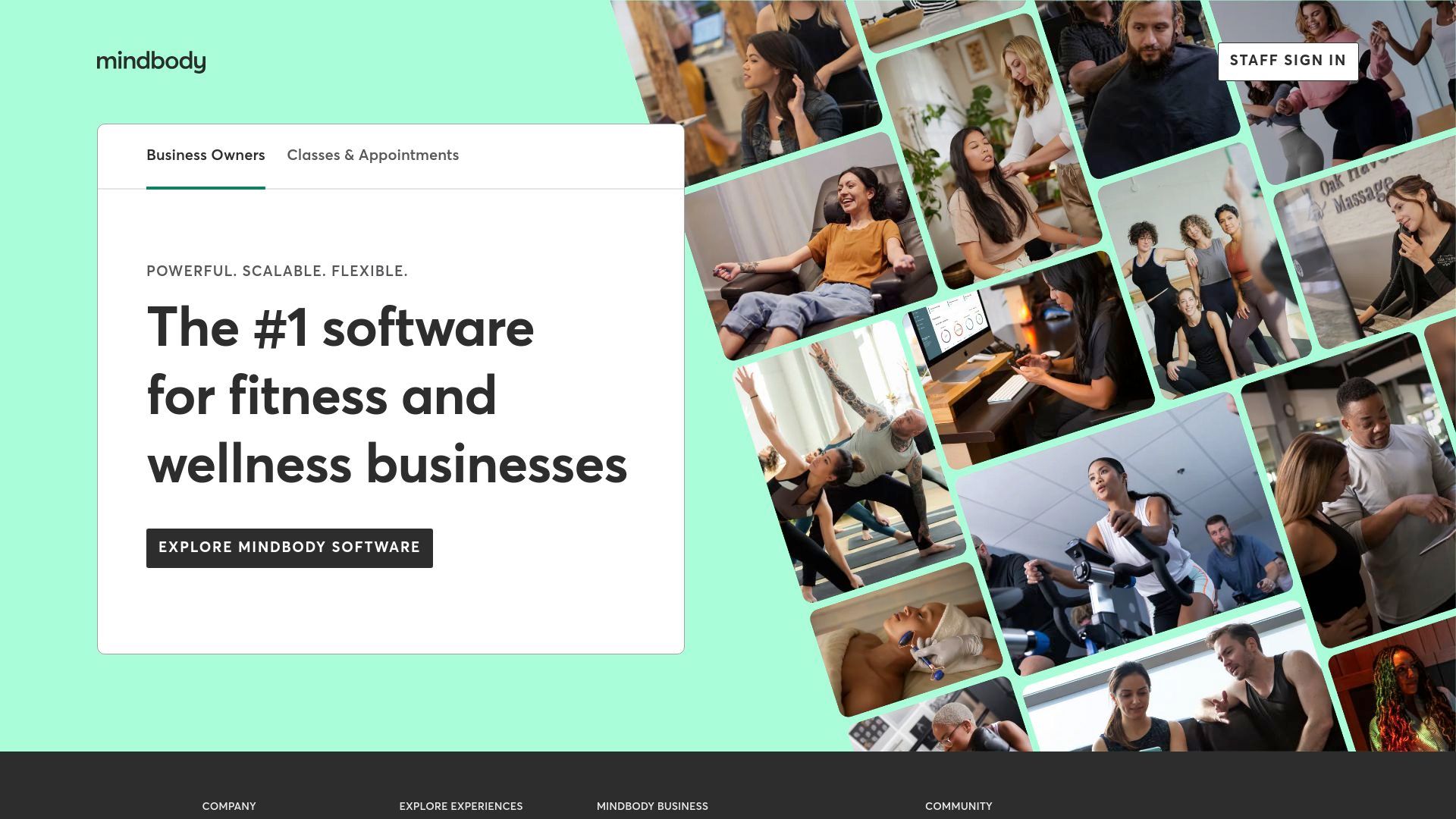 The Mindbody homepage features their slogan 'The #1 software for fitness and wellness businesses' positioned on the left side, alongside lifestyle photography on the right showing various fitness and wellness studios in action.