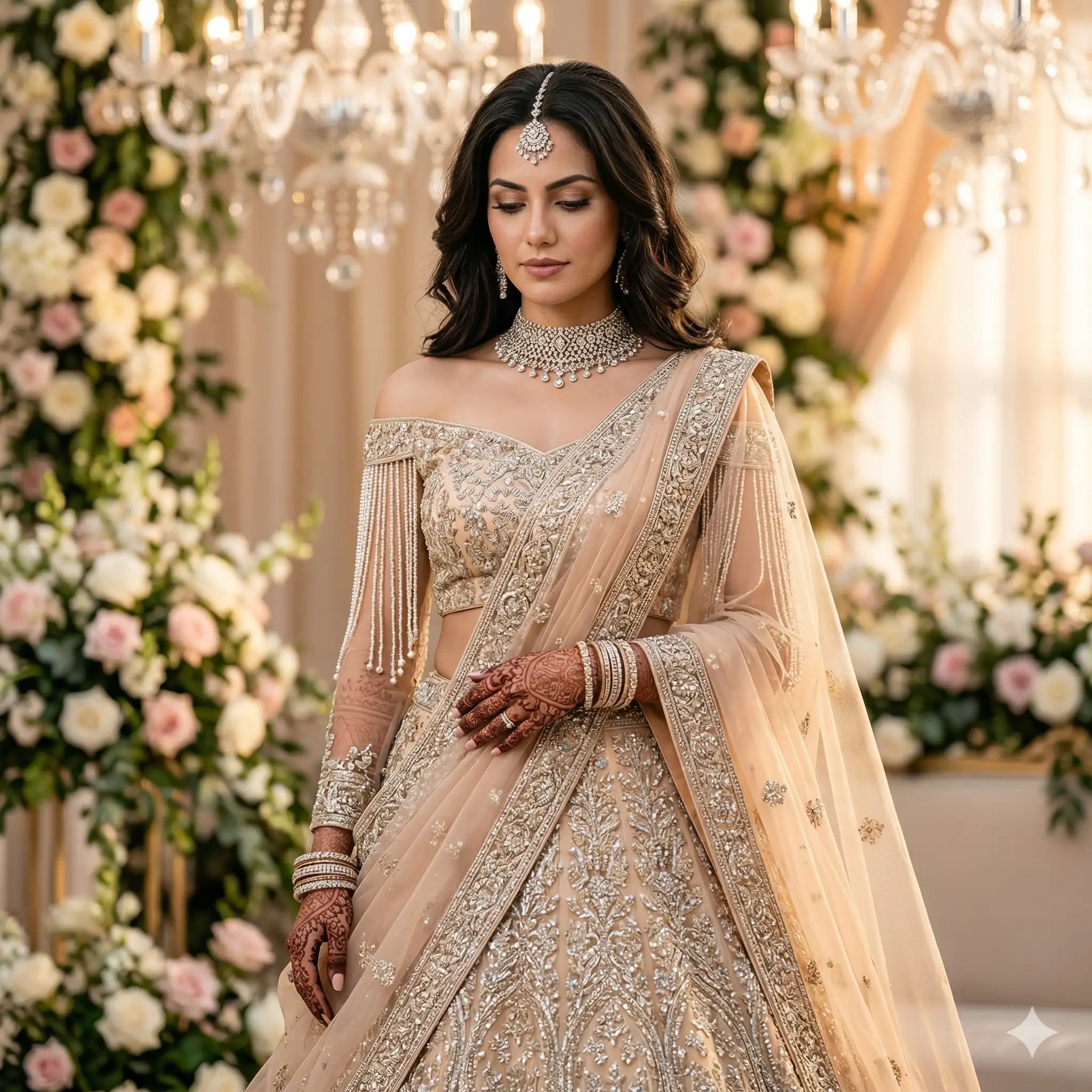 AI-generated portrait of an Indian woman wearing a heavily embroidered champagne-colored bridal lehenga and traditional jewelry, standing in front of a floral backdrop. Created for the AI fashion portfolio of Mahendra R.