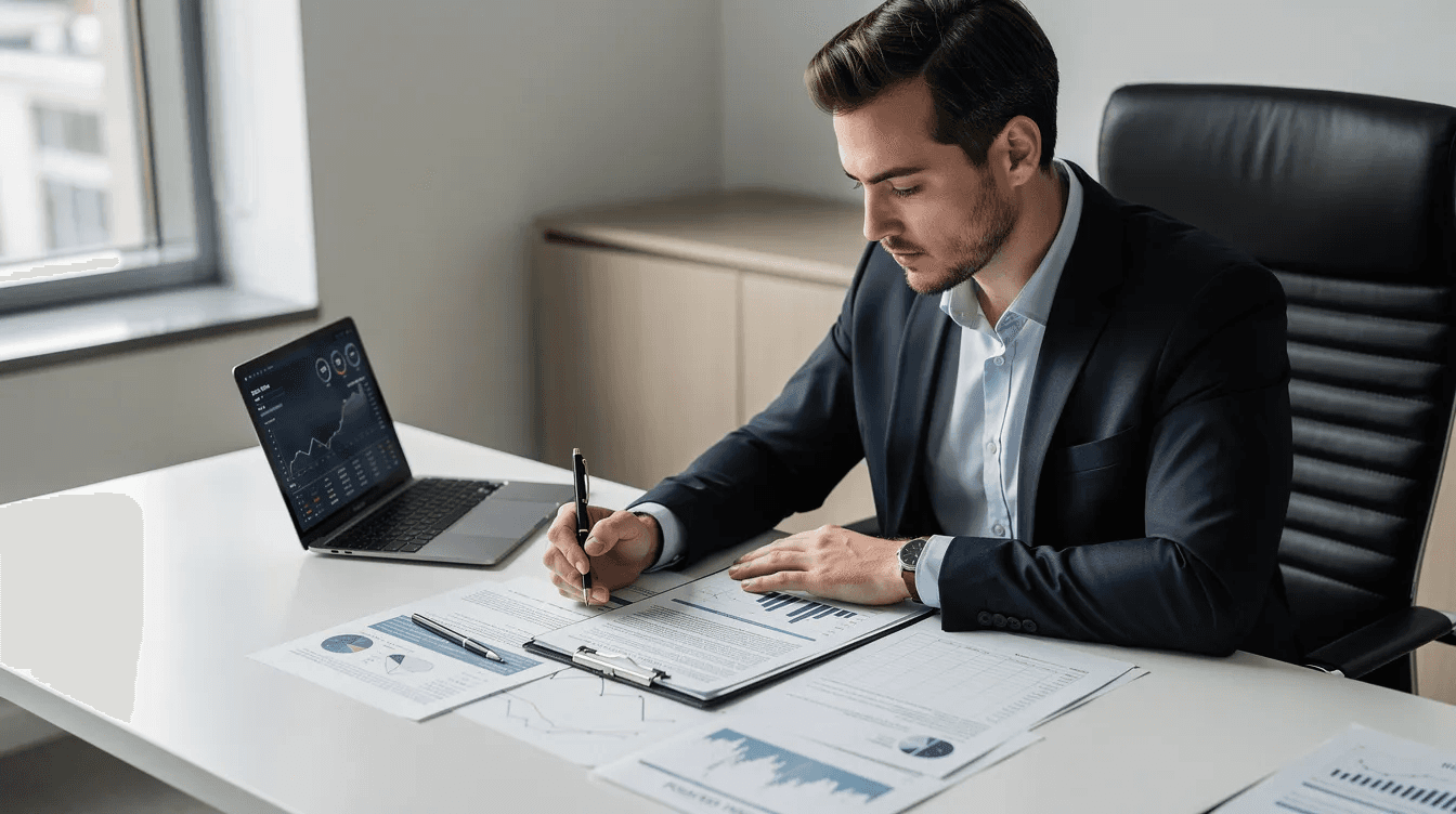 A professional advisor is seated at a clean, modern desk, carefully reviewing investment documents related to tax efficiency and strategies such as tax loss harvesting and direct indexing. The workspace is organized, reflecting a focus on optimizing investment portfolios and managing tax liabilities for clients.