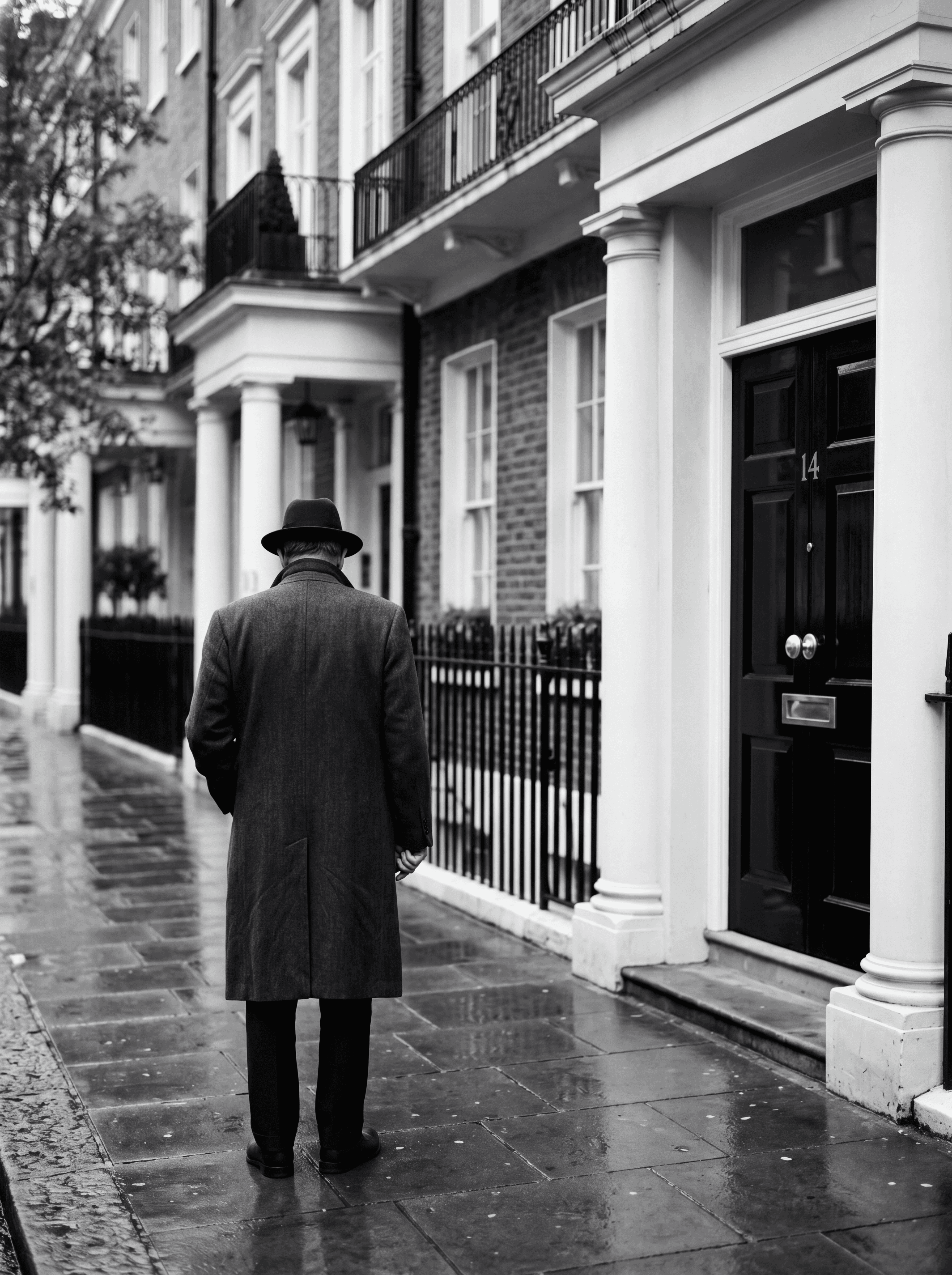 Independent buyer-side property advisor walking a Mayfair street in Prime Central London, holding a single crimson umbrella