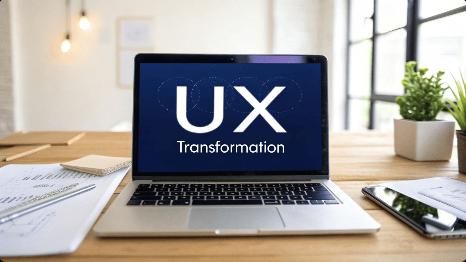 Open laptop displaying "UX Transformation" on screen, placed on a wooden desk with documents, a smartphone, and a potted plant in a bright, modern workspace
