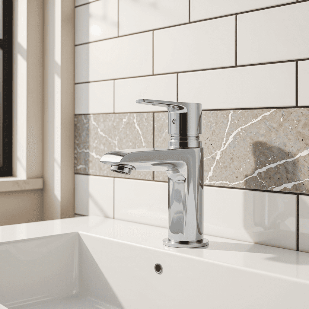 product photography of a modern faucet for a sink, used for controlling water flow