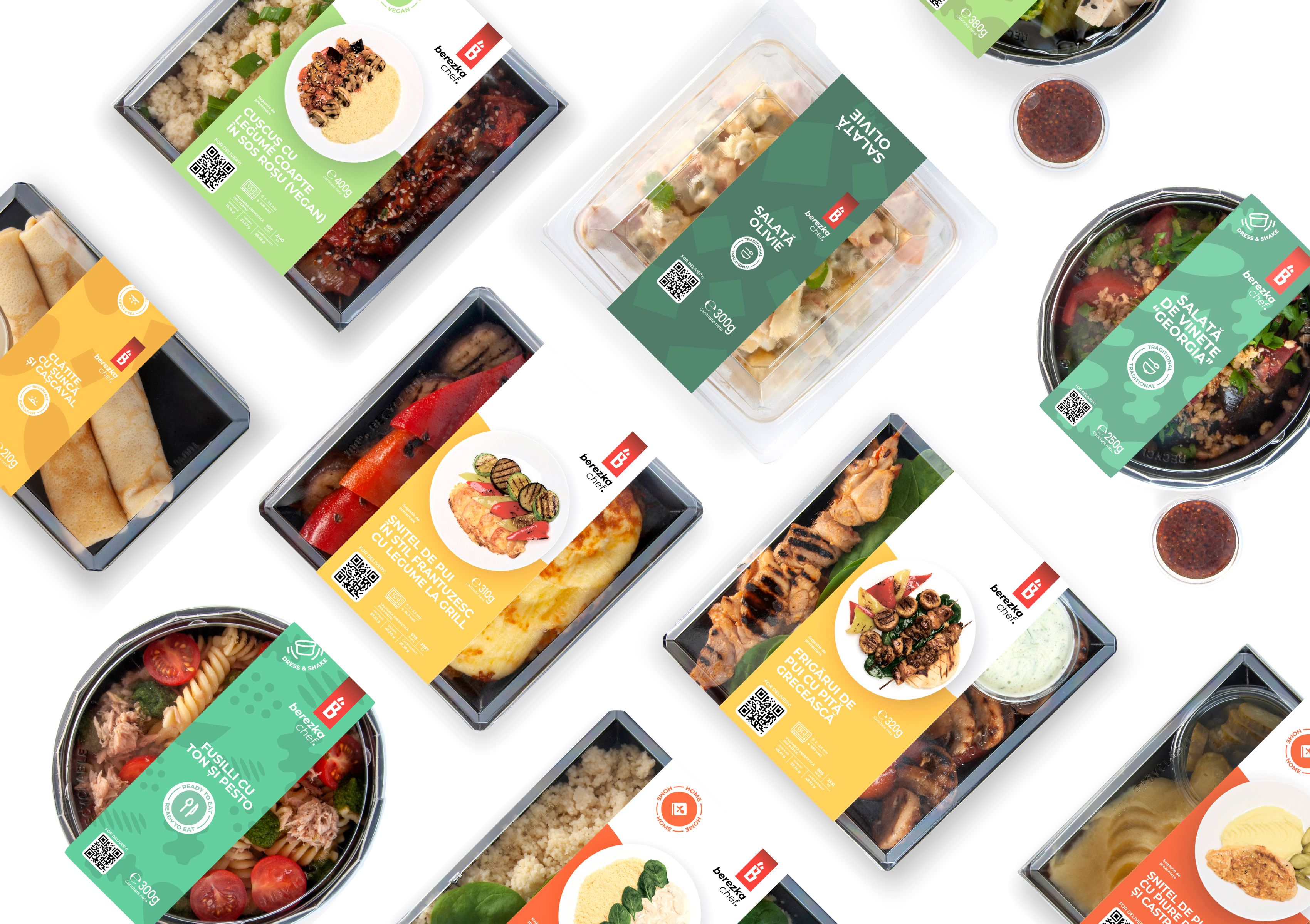 Berezka Chef product assortment — ready meals, salads, desserts, and drinks arranged in a flat-lay composition with color-coded packaging design.