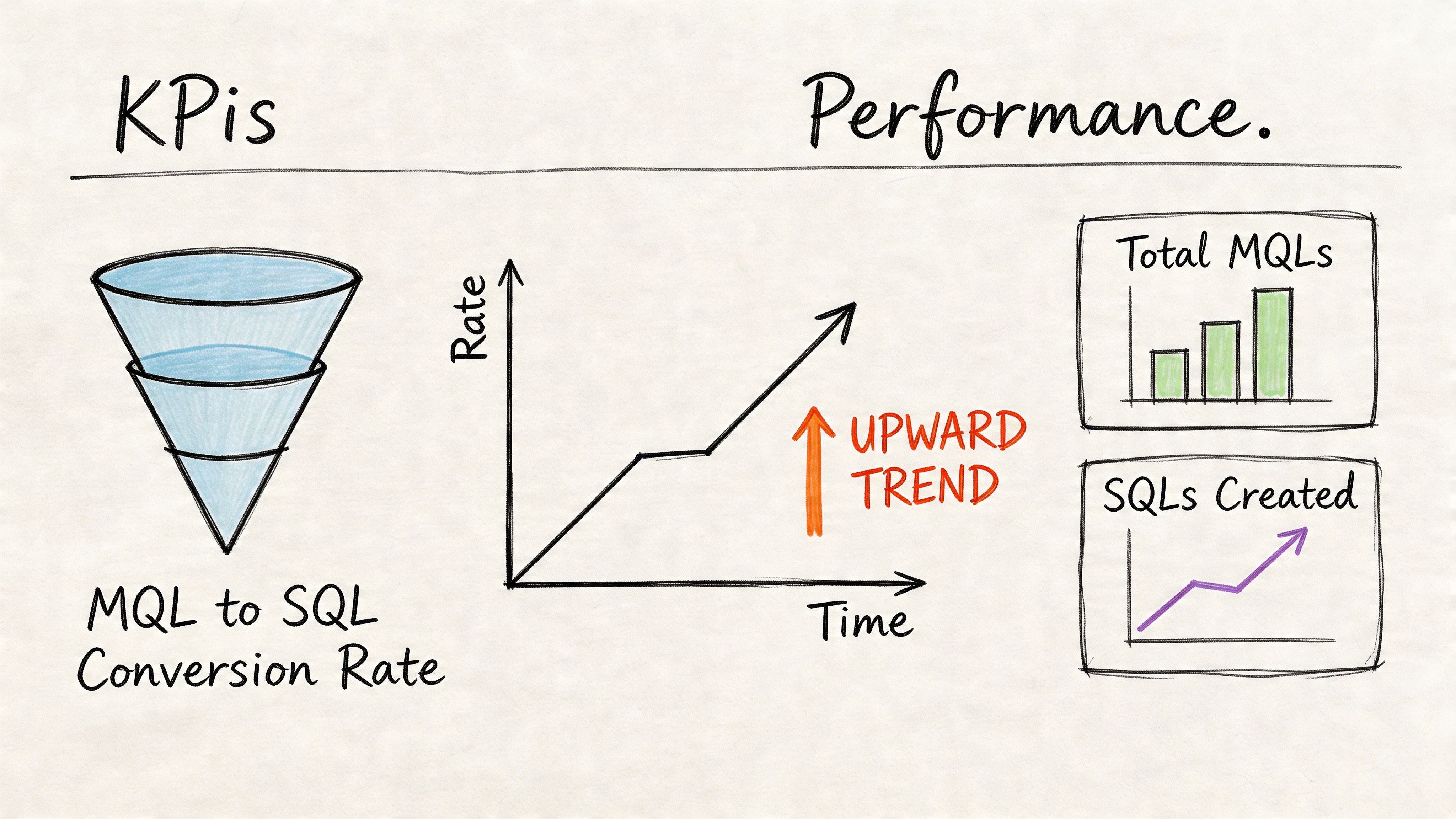 A hand-drawn illustration depicting sales metrics including a marketing funnel, line graph, and bar charts for performance.