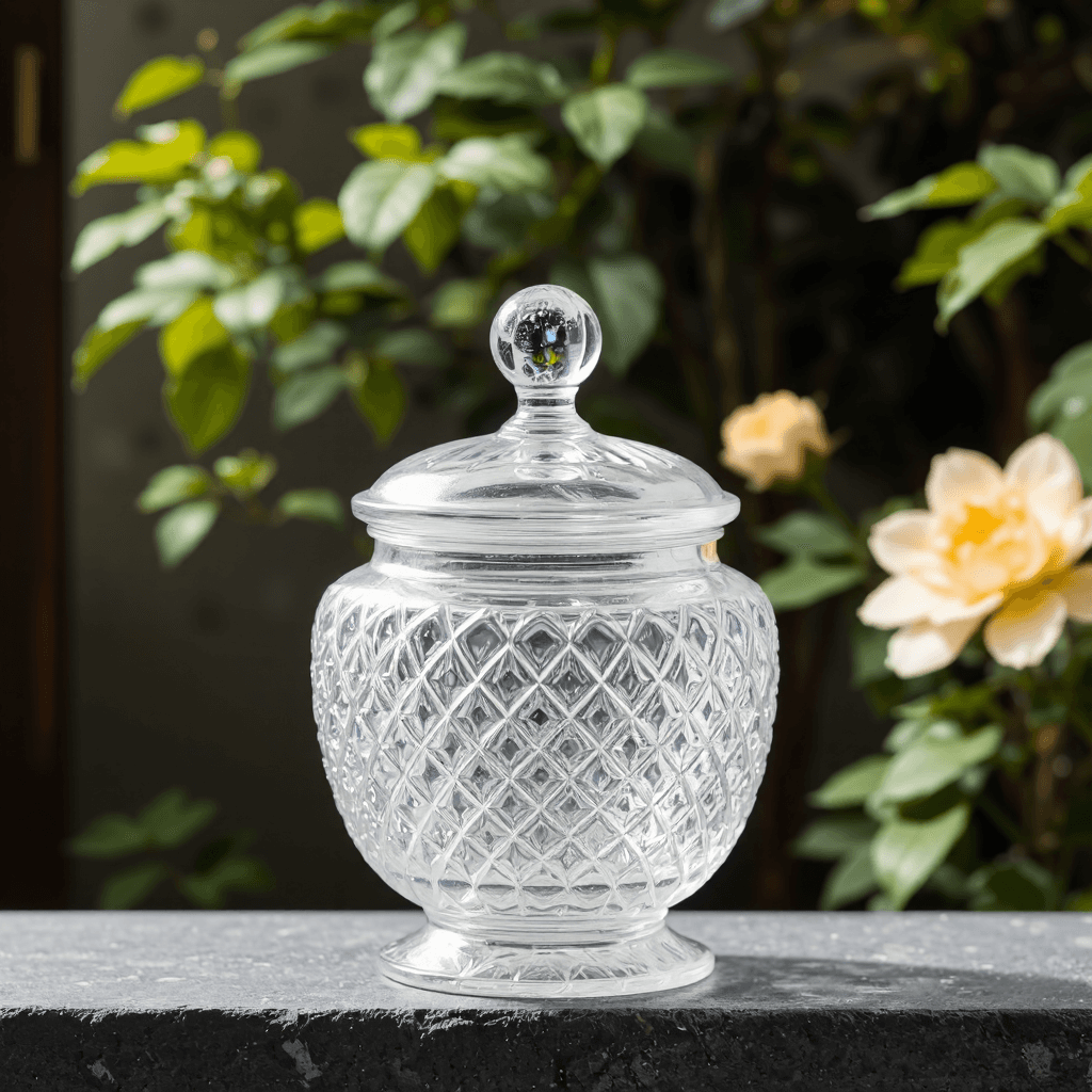 product photography of a decorative glass container with a lid, used for storage or display