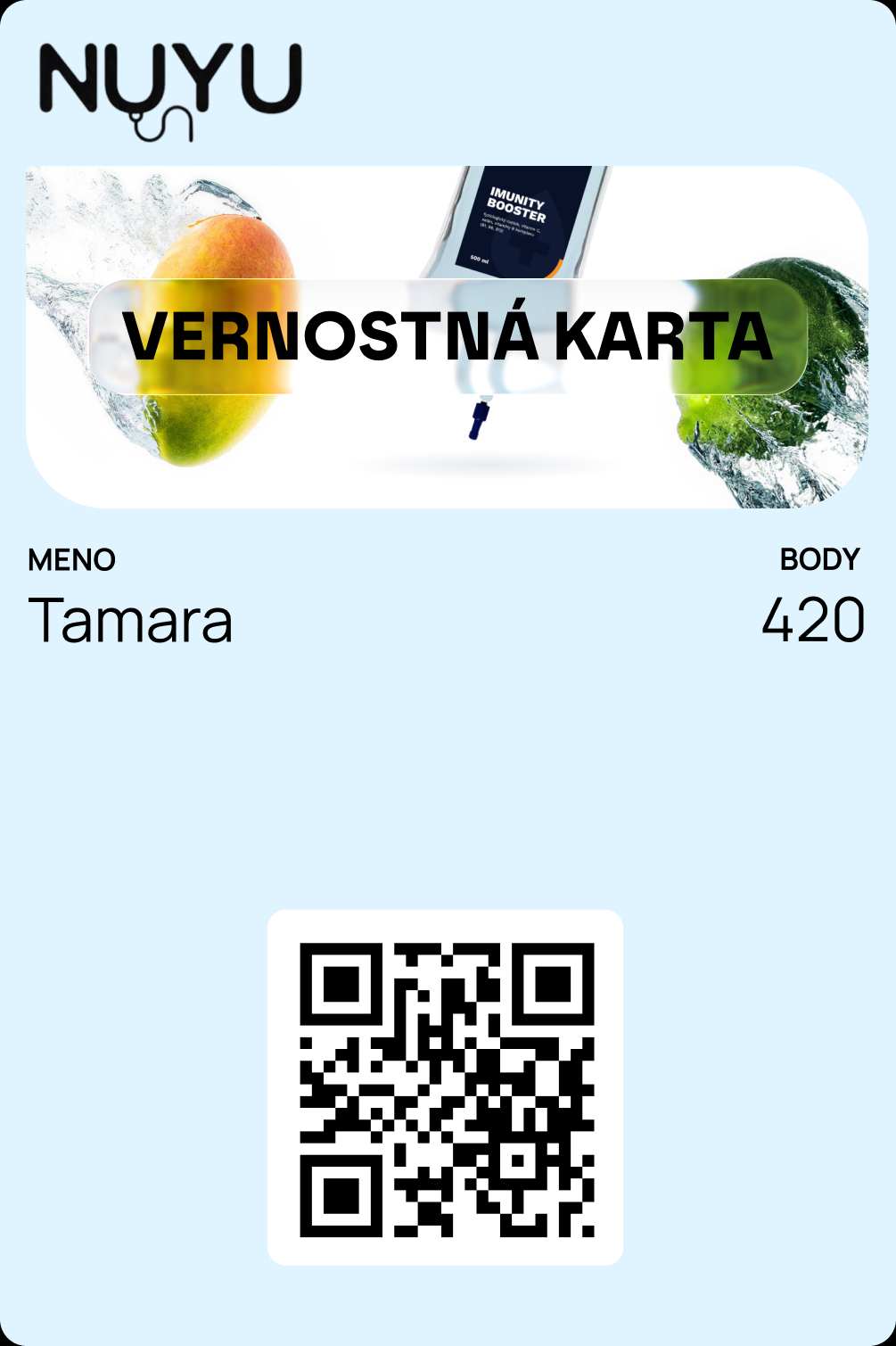 Vernostná karta kozmetického salónu Beauty Moments. Pastelový dizajn s motýľom a siluetami tvárí. Meno Žaneta, 1500 bodov, telefónne číslo pre objednávky, QR kód.