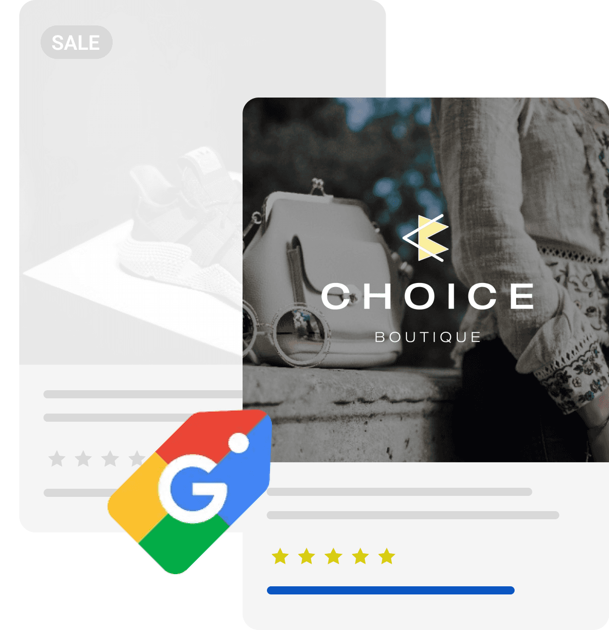 Google shopping ad for Choice Boutique featuring a product image of a handbag and a customer rating below the listing.