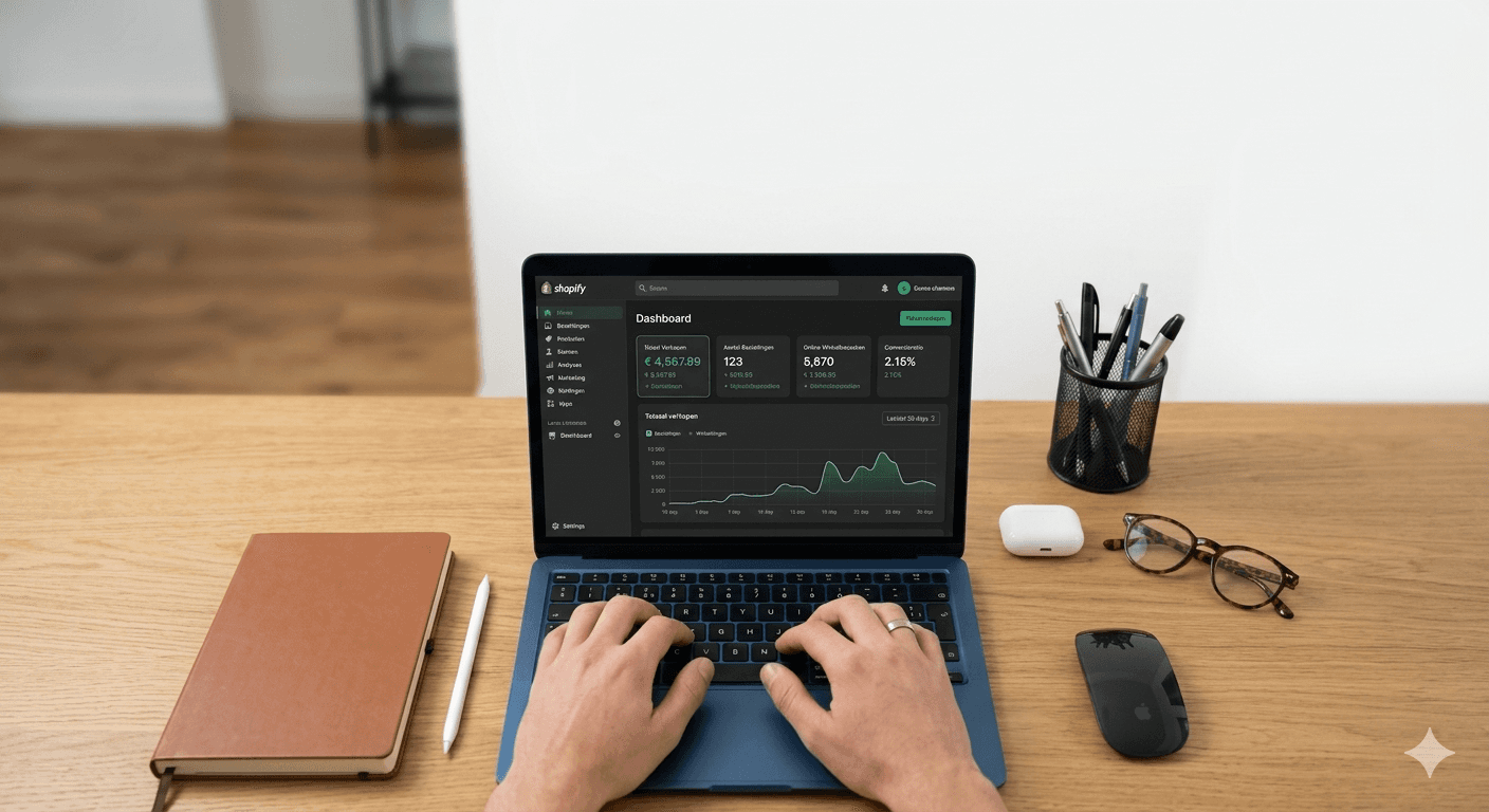 Laptop met Shopify dashboard op een clean bureau
